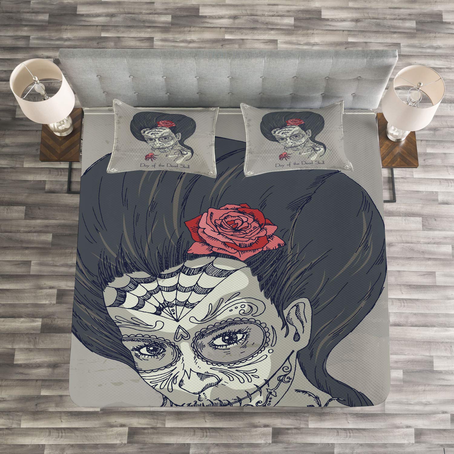 Ambesonne Day of The Dead Bedspread Set - Dia de Los Muertos Skull & Roses Print 3-Piece King Size Bedding (Coverlet + 2 Pillow Shams) in Charcoal Grey - Mexican Sugar Skull Theme for Halloween, Día de Muertos Celebration & Gothic Home Decor