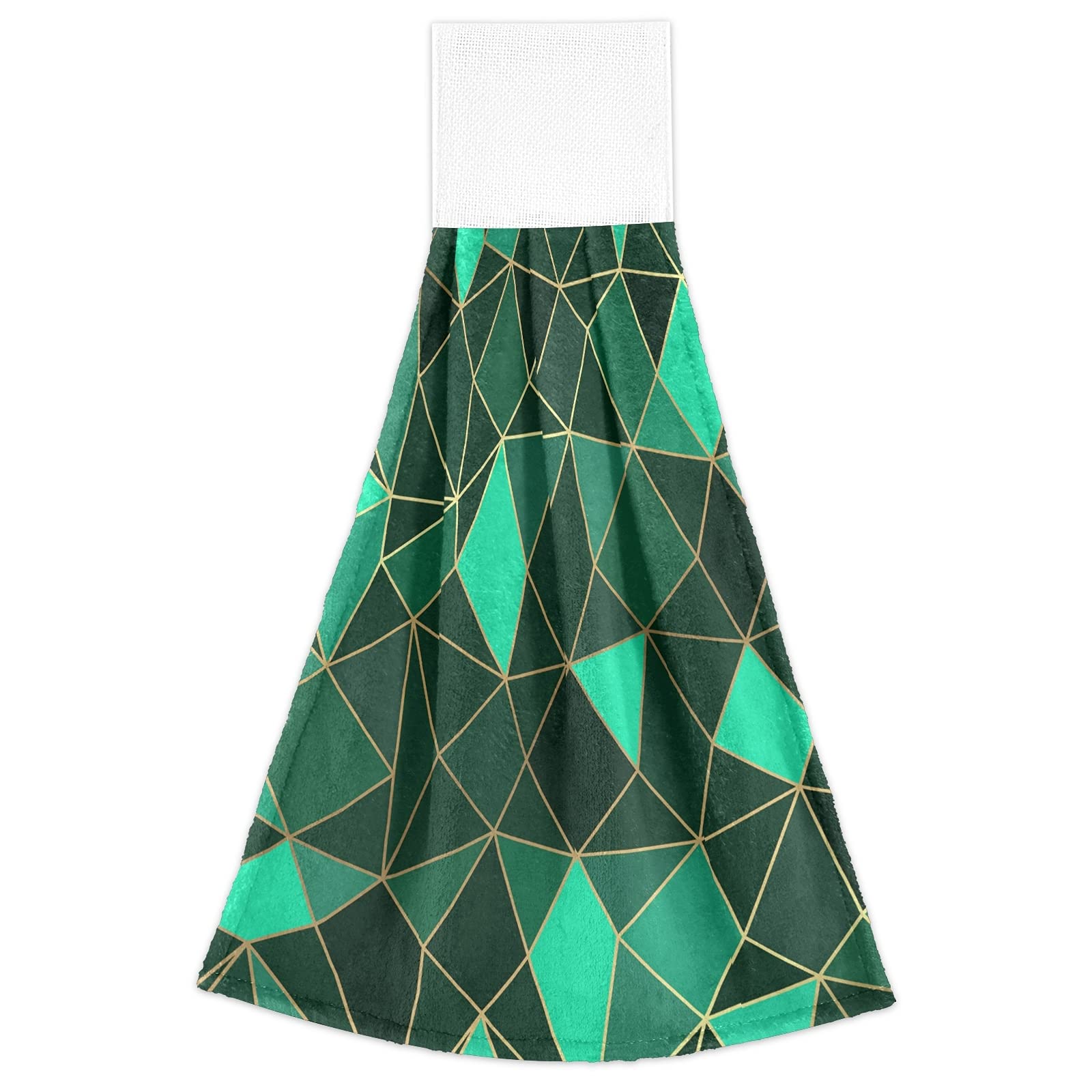 Poeticcity Luxury Emerald Geometric Diamond Gold & Green 2-Piece Kitchen Hand Towel Set with Hook & Loop - Absorbent Hanging Dishcloths for Tea Bar, Bath & Decorative Use