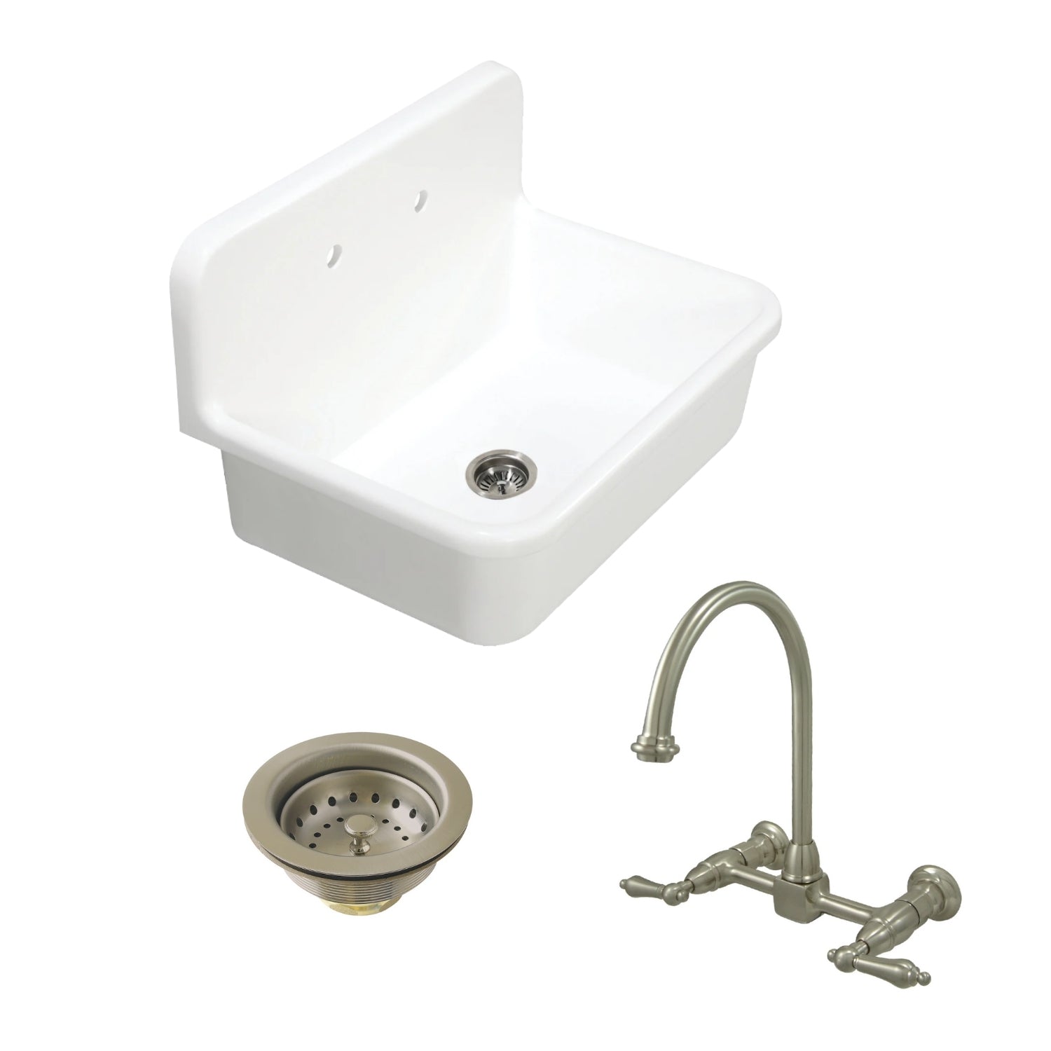 Arcticstone 30 Inch White Stone Composite Single Bowl Top Mount Kitchen Sink with Wall Mount Bridge Faucet and Basket Strainer - Brushed Nickel Finish for Modern Farmhouse & Contemporary Kitchens