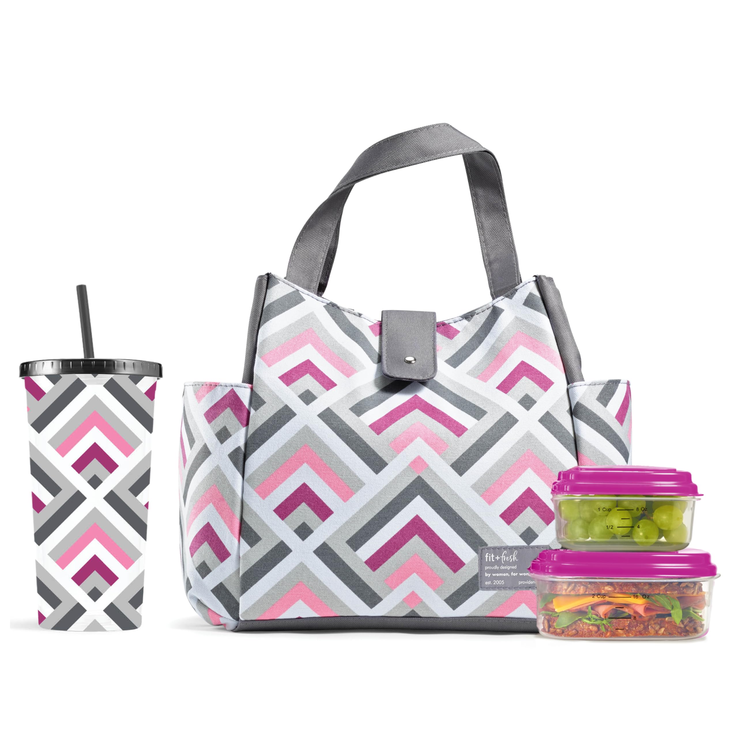 Fit & Fresh Insulated Lunch Bag for Women - Leakproof & Stain-Resistant Large Lunch Box with Containers & Matching Tumbler - Perfect for Work, Office, School, Picnics & Travel - Snap Closure Westport Bag in Magenta