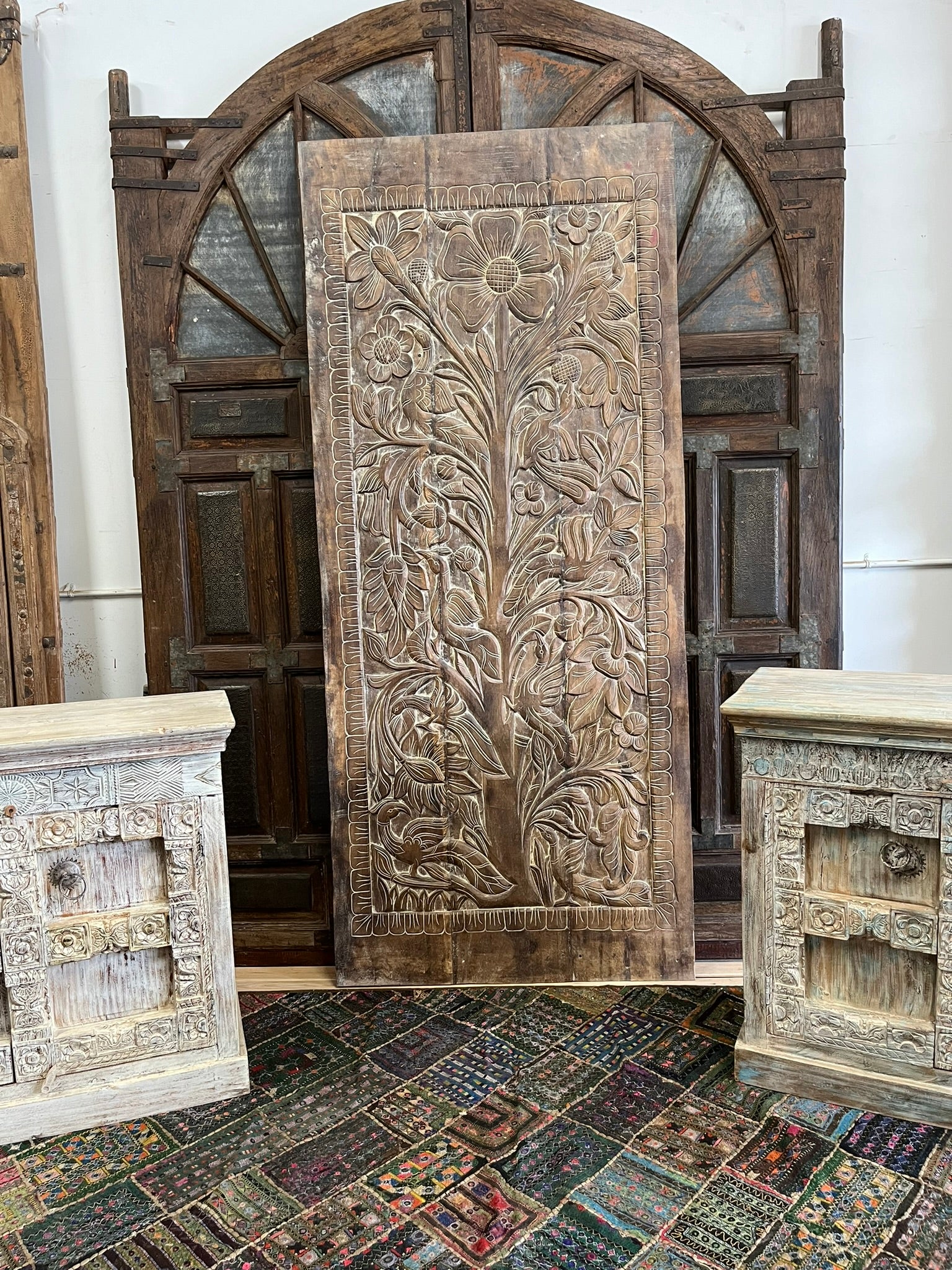 Handcrafted Tree of Life Botanical Carved Wood Wall Art - 96 Inch Rustic Barn Door Decor for Living Room, Bedroom & Entryway
