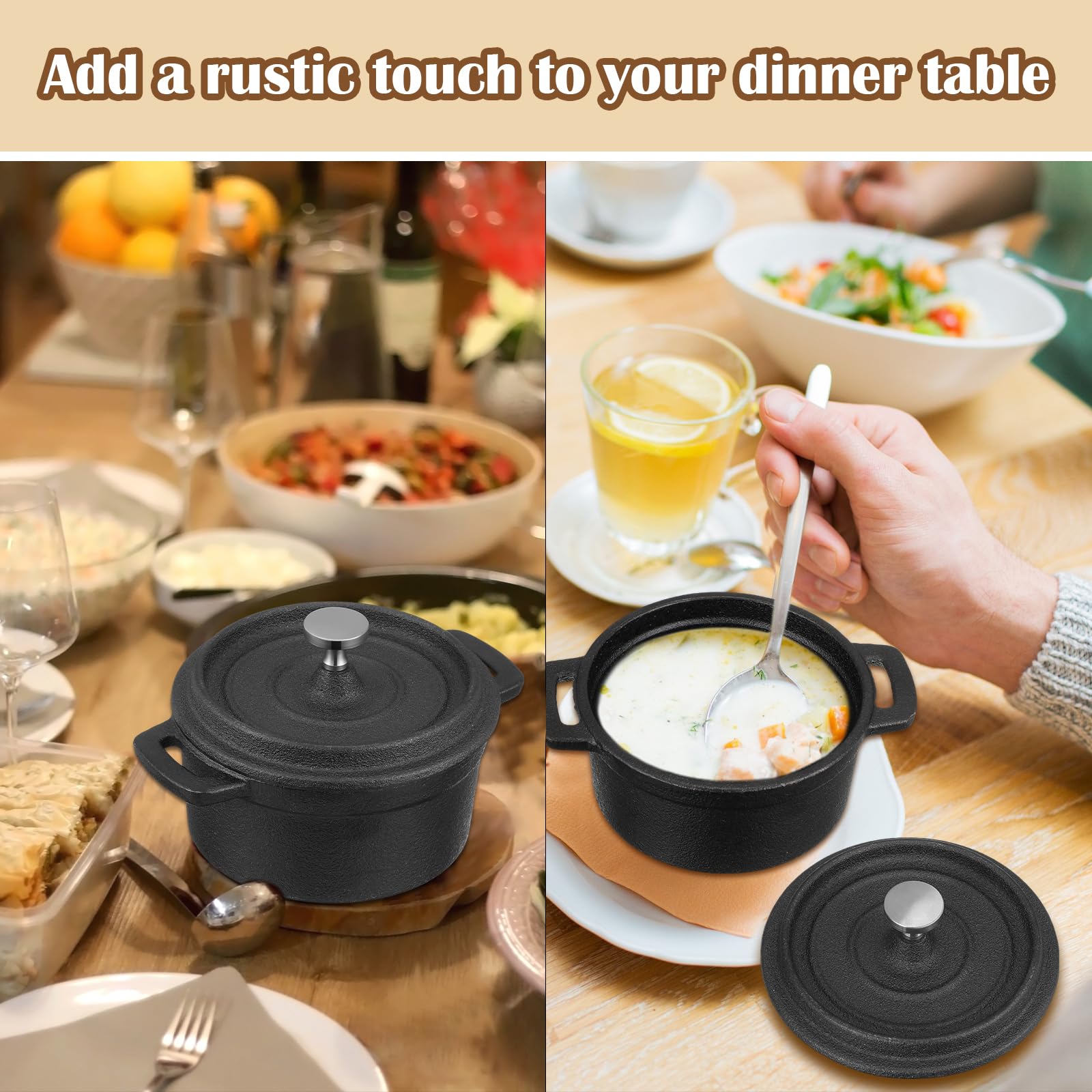 4 Pcs Mini Dutch Oven Set - Small Round Cast Iron Cocotte with Lid & Dual Handles (20 oz) - Black Enameled Pot for Stovetop, Oven, BBQ & Grill - Perfect for Marinating, Baking, Roasting Garlic & Refrigerating - Ideal for Camping, Kitchen & Outdoor Cooking