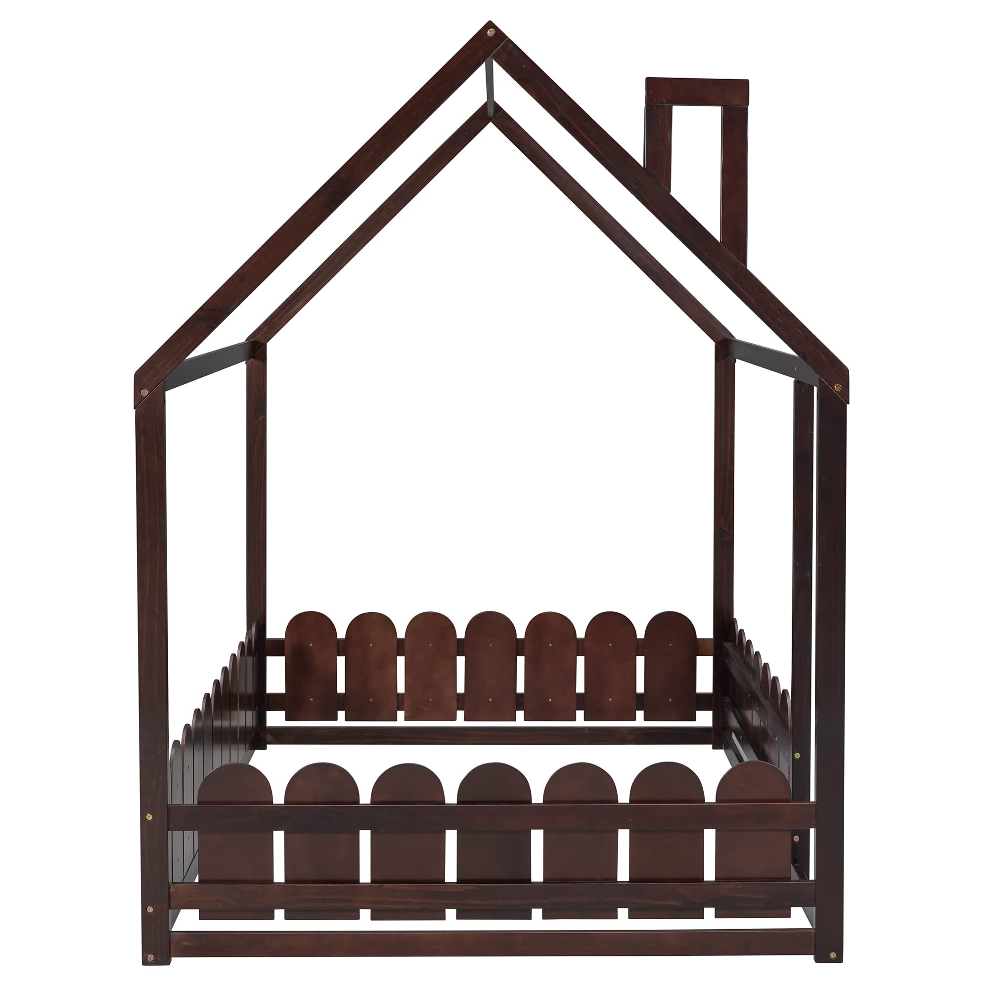 Harper & Bright Designs Full Size House Bed for Kids - Montessori Floor Bed with Fence Guardrails, Solid Wood Toddler Bed Frame for Boys & Girls (Full Size, Espresso) - Perfect for Montessori Bedrooms, Daycare Centers & Safe Toddler Sleep Spaces