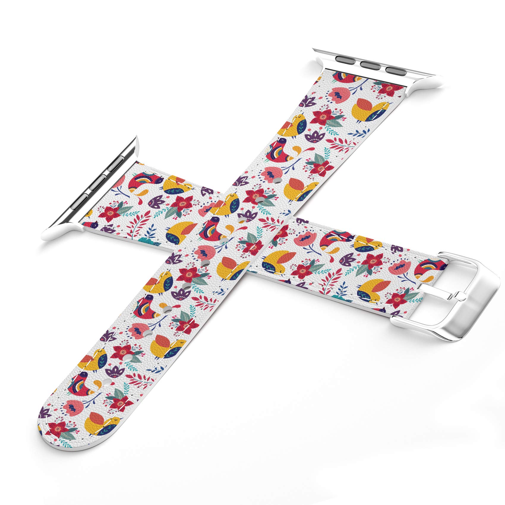 Apple Watch Bands Compatible with Series 7/6/5/4/3/2/1/SE - Floral Bloom PU Leather Strap with Bird & Branch Design - 38/40/41/42/44/45mm - Perfect for Workouts, Office & Casual Wear