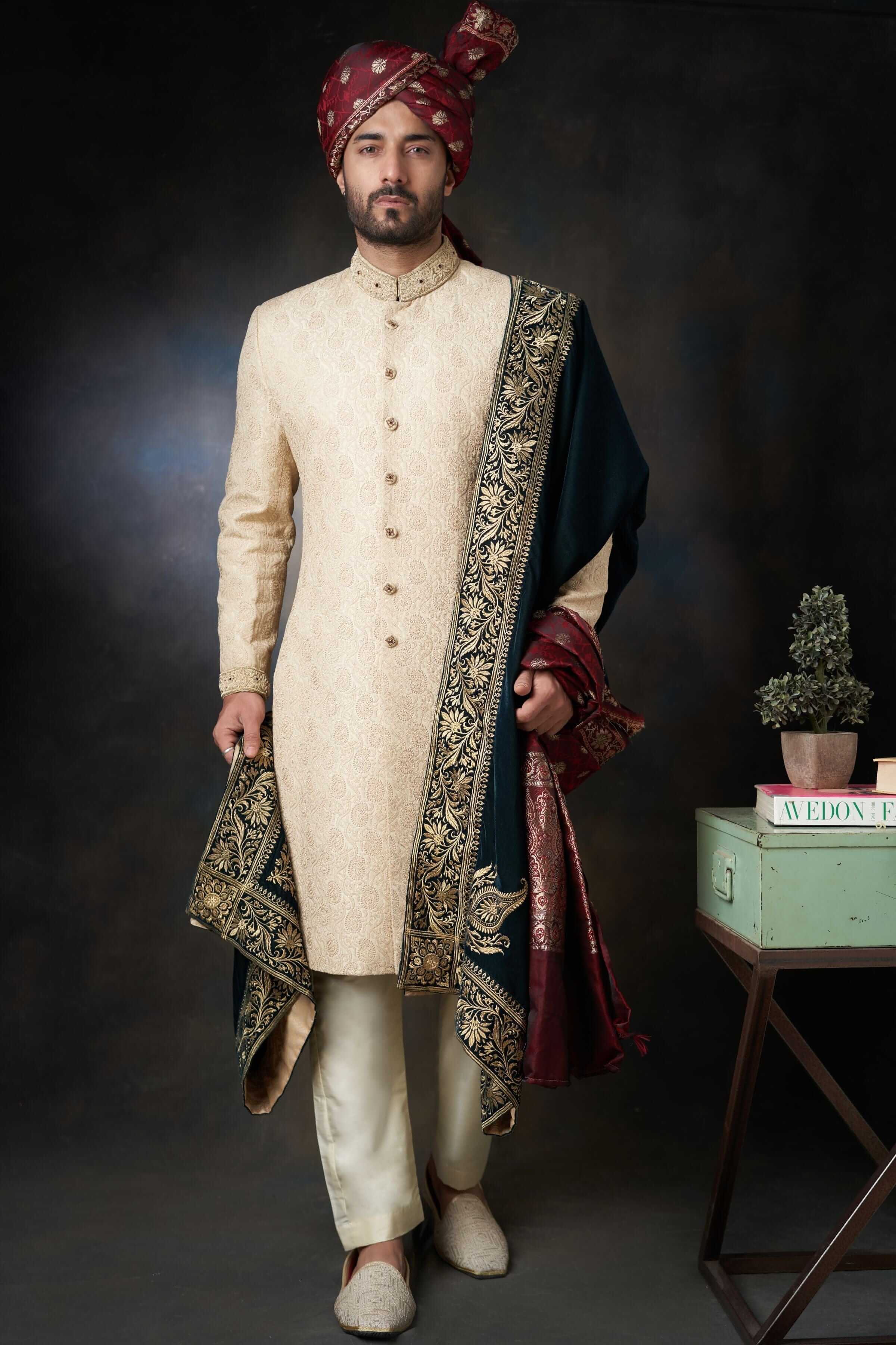 Luxury Gold Paisley Raw Silk Sherwani for Men with Velvet Shawl & Zardozi Embroidery | Indian Wedding Attire | Groom Outfit | Ethnic Party Wear