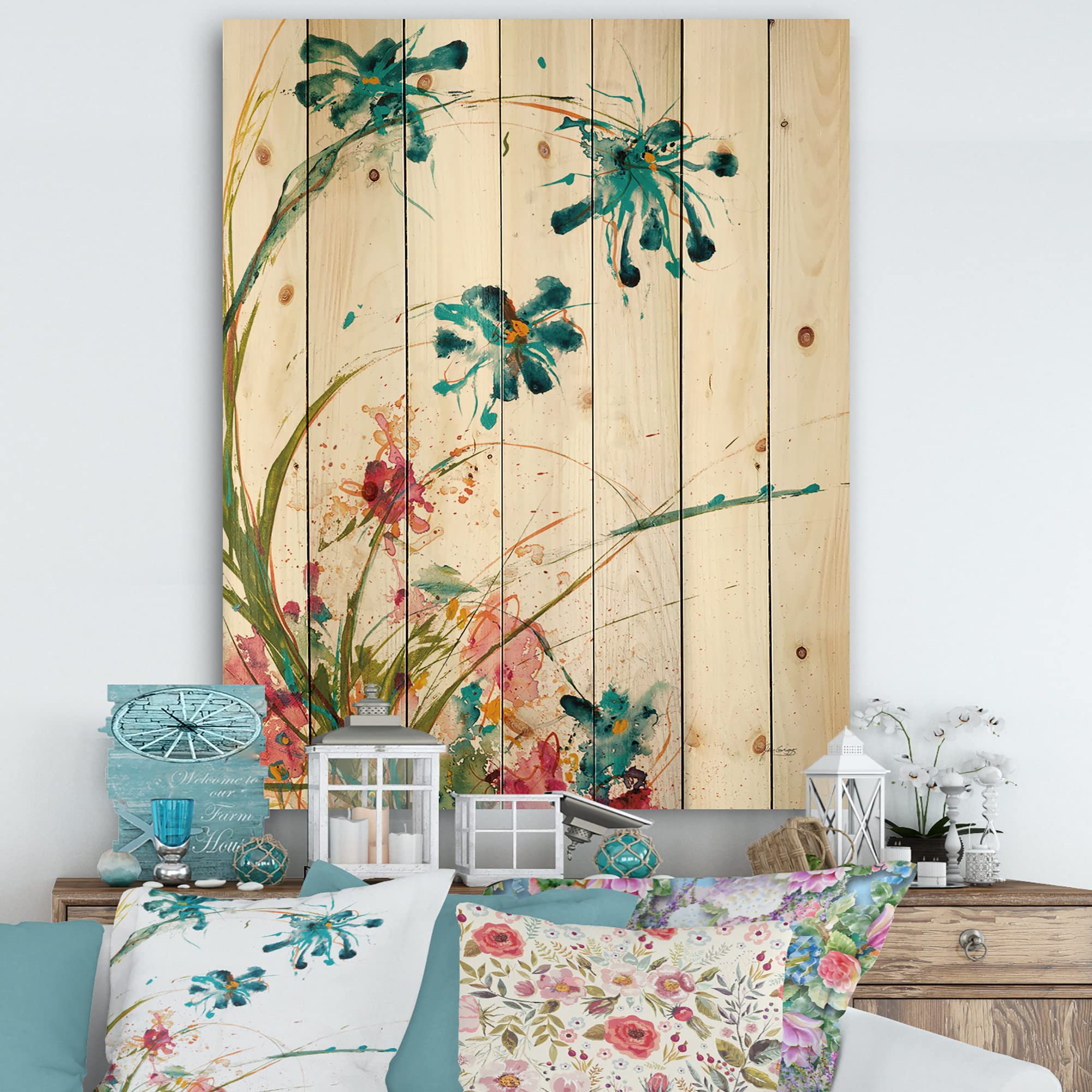 Blue Abstract Floral Wood Wall Decor - Farmhouse Style Pine Art for Living Room