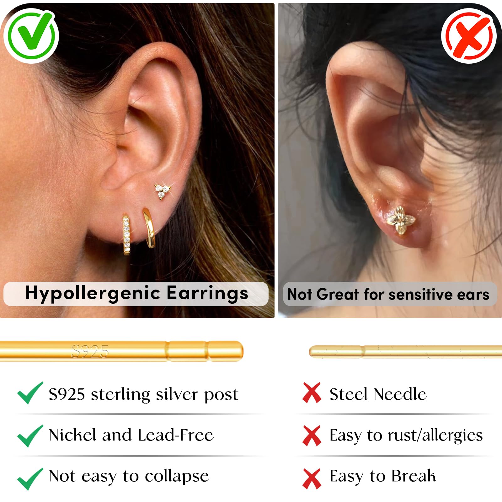 14K Gold & Silver Plated Hypoallergenic Stud & Hoop Earrings Set for Women - Trendy Cartilage & Multiple Piercing Jewelry - Perfect for Everyday Wear, Date Night & Stacking Style