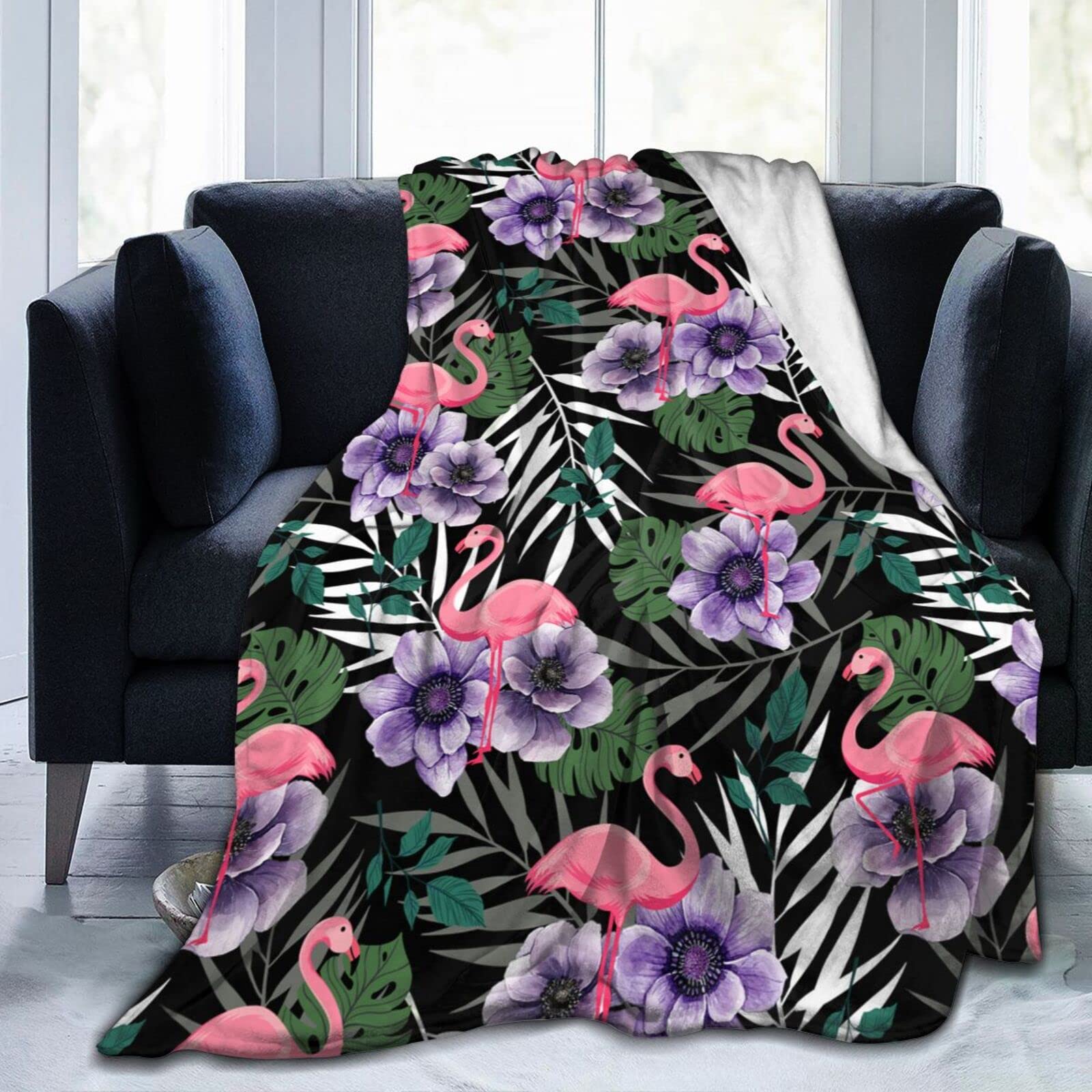 Flamingo & Tropical Plants Ultra Plush Flannel Throw Blanket - All Season Lightweight Cozy Blanket 80