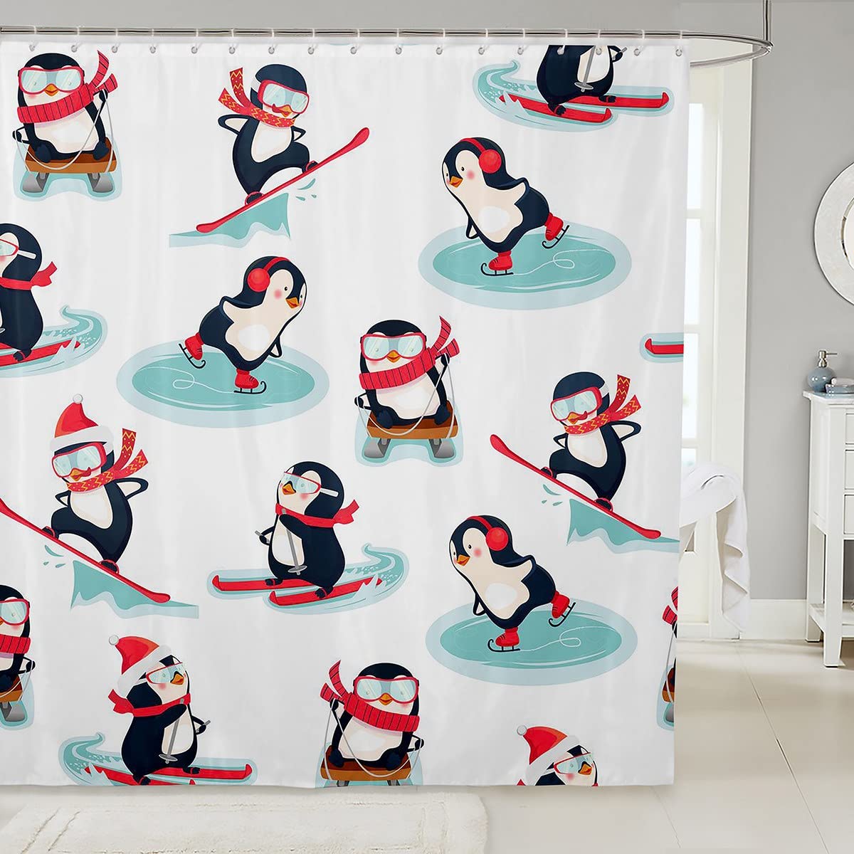 Cute Penguin Bathroom Curtain 72x72 - Surfing Animal Shower Curtain for Kids - Winter Warm Bath Decor for Boys & Girls