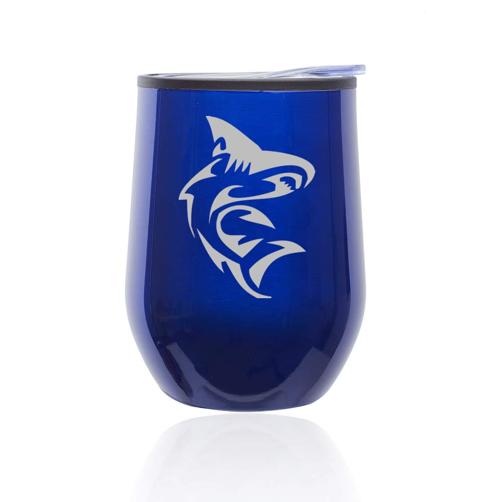 Stemless Wine Tumbler with Lid - 16oz Insulated Coffee Travel Mug, Shatterproof Glass Cup for Hot & Cold Drinks - Shark Design (Blue) - Perfect for Home, Office, Camping & Gifts