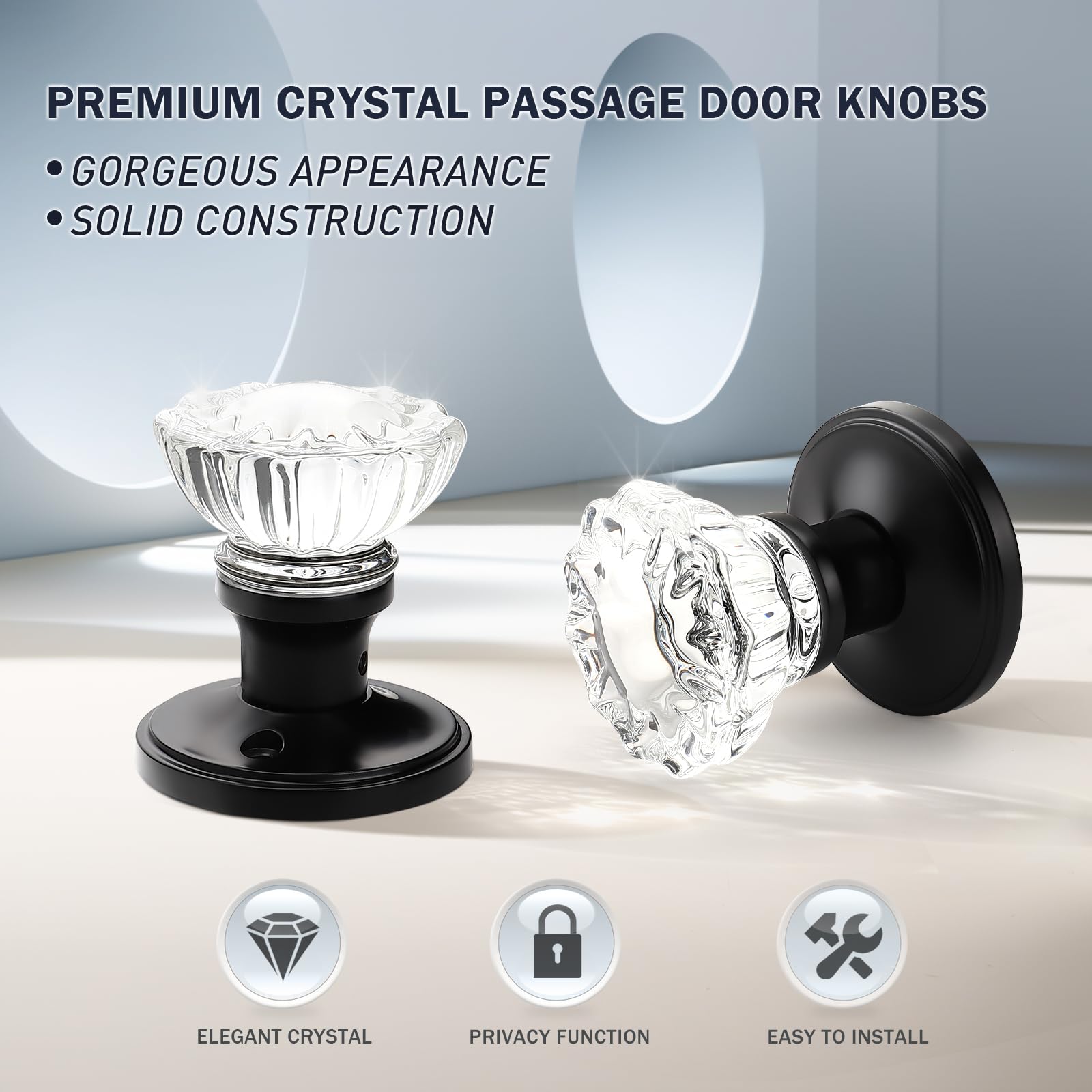 KNOBWELL 10 Pack Classic Rosette Door Knobs - Crystal Style Interior Door Handles with Matte Black Finish for Hallway, Closet & Bedroom Doors | Durable & Stylish Home Hardware Upgrade