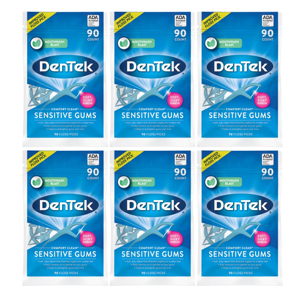 DenTek Comfort Clean Floss Picks for Sensitive Teeth - Soft & Silky Dental Ribbon, 90 Count (Pack of 6) | Gentle Teeth Cleaning for Sensitive Gums, Perfect for Travel & On-the-Go Oral Care