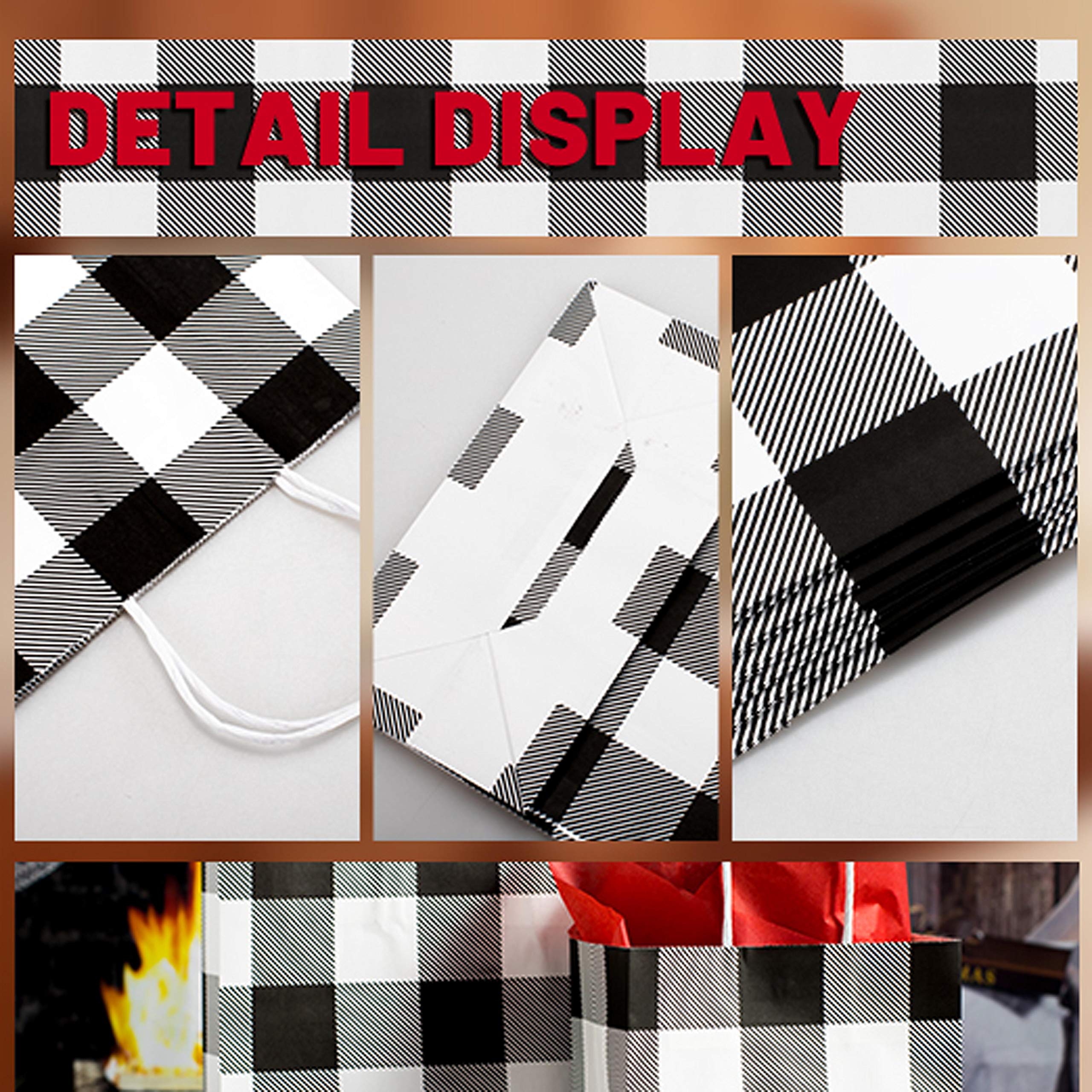 24 Pack Christmas Buffalo Plaid Gift Bags with 20x20 Red Tissue Paper - White & Black Kraft Paper Bags for Holiday Party, Wedding, Birthday Gifts - Perfect for Christmas Wrapping, Party Favors and Festive Gift Giving