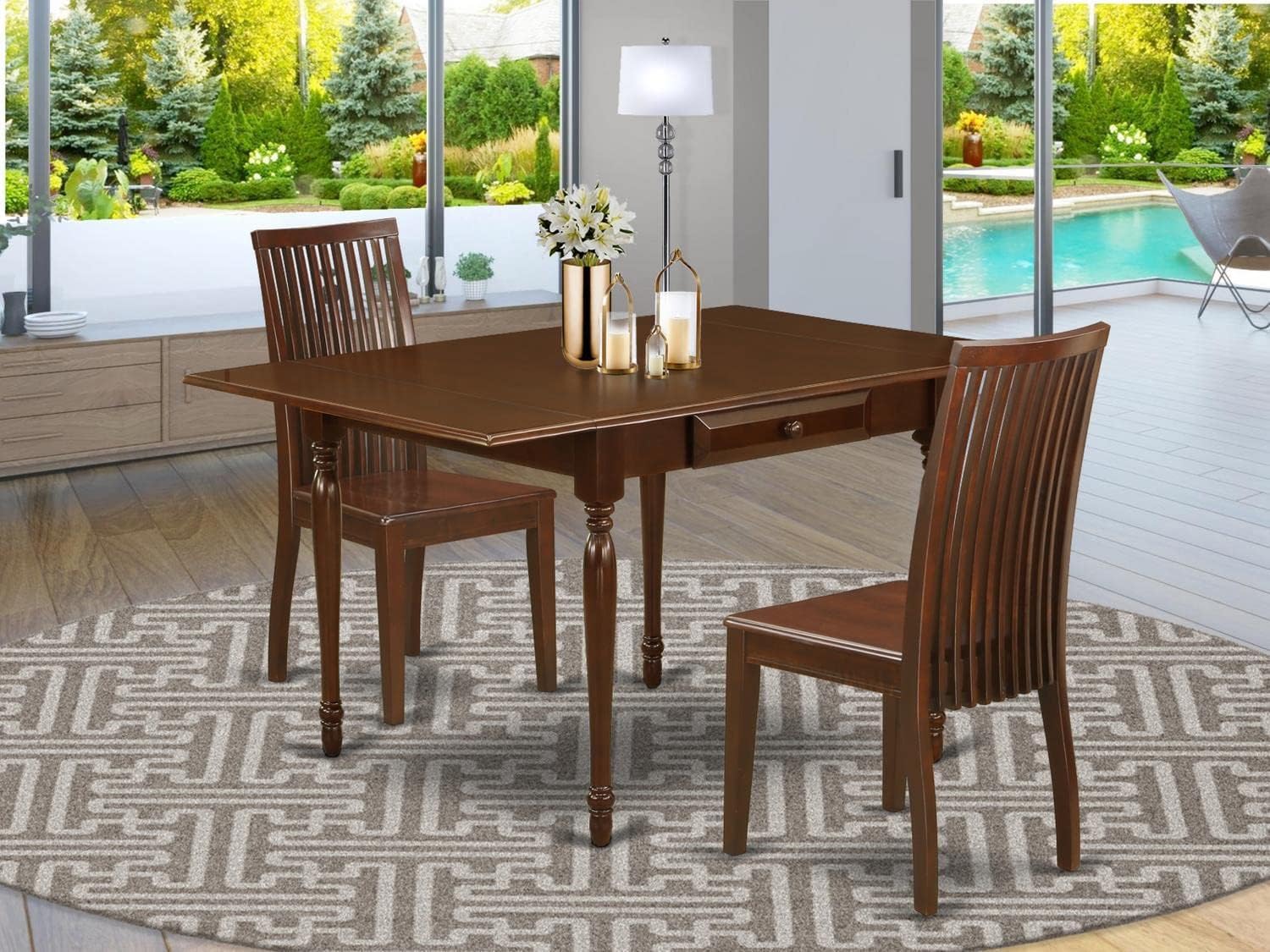 East West Furniture MZIP3-MAH-W 3-Piece Modern Dining Set - 36x54 Inch Rectangle Wooden Table with Drop Leaf & 2 Chairs, Mahogany Finish - Perfect for Small Kitchens, Breakfast Nooks & Compact Dining Spaces