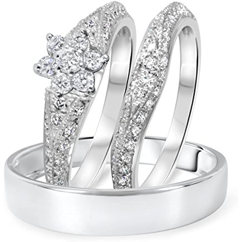 14K White Gold Plated 925 Sterling Silver 1.2Ct Round Simulated Diamond Wedding Band Set for Him & Her - Perfect for Anniversaries, Engagements and Couple Jewelry Gifts