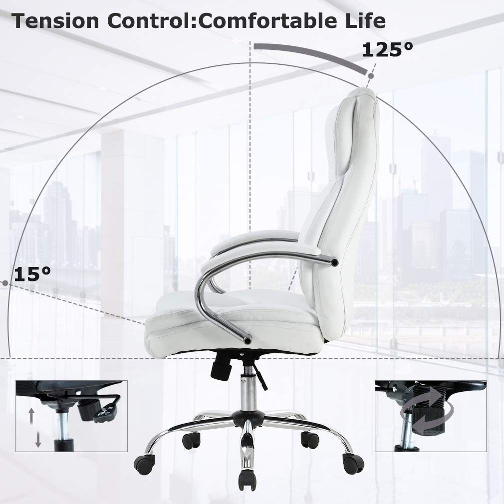Ergonomic Office Chair - Adjustable High Back PU Leather Computer Desk Chair with Lumbar Support, Swivel & Rolling Wheels for Home/Office Use - Comfortable Executive Task Chair for Women & Men (White)
