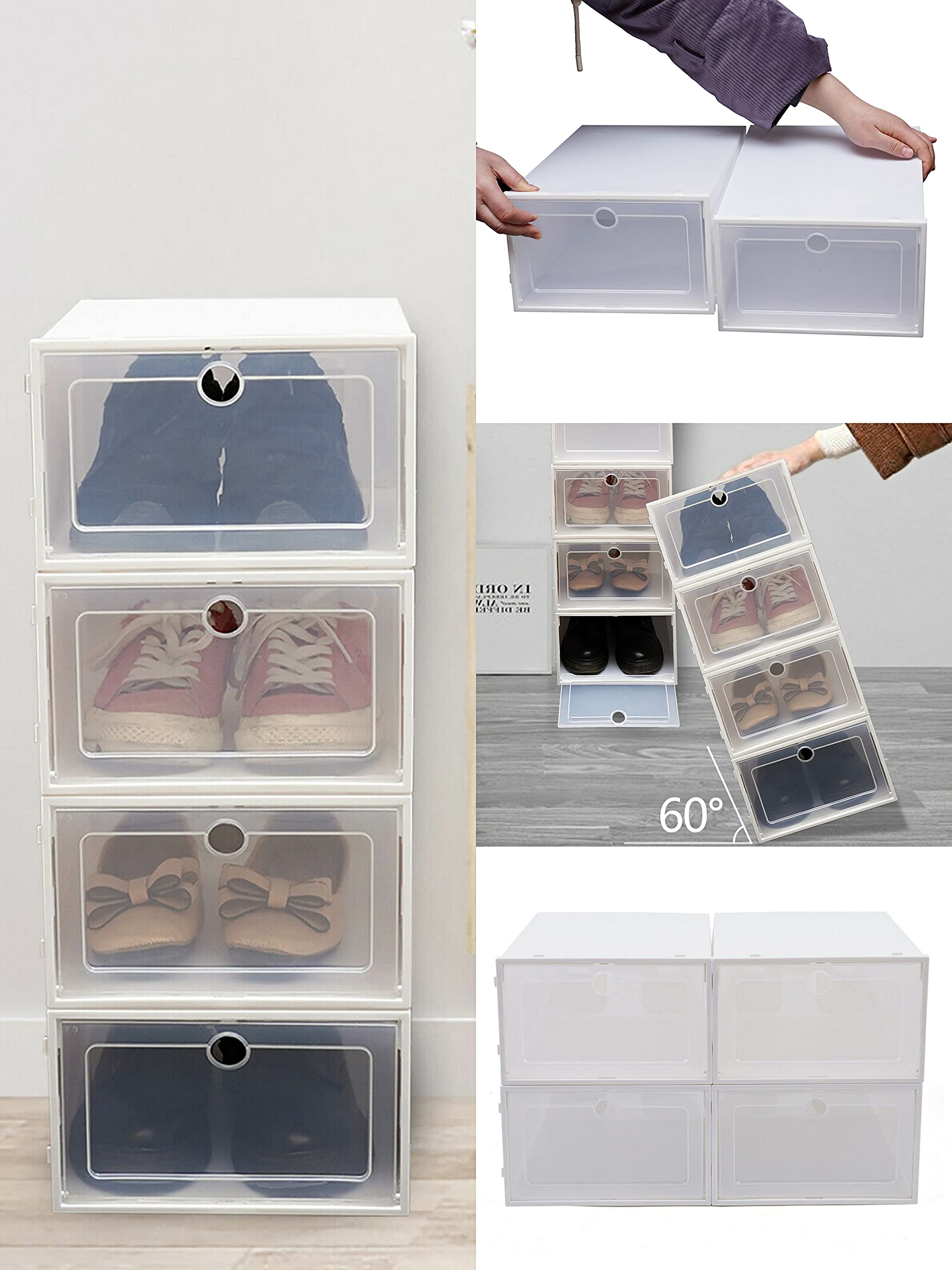 YIYIBYUS 24-Pack Stackable Clear Plastic Shoe Boxes with Lids - Foldable Sneaker Storage Organizer Bins (13 Inch) for Closet, Portable Shoe Containers | Perfect for Organizing Shoes, Boots & Accessories in Bedroom, Dorm or Entryway