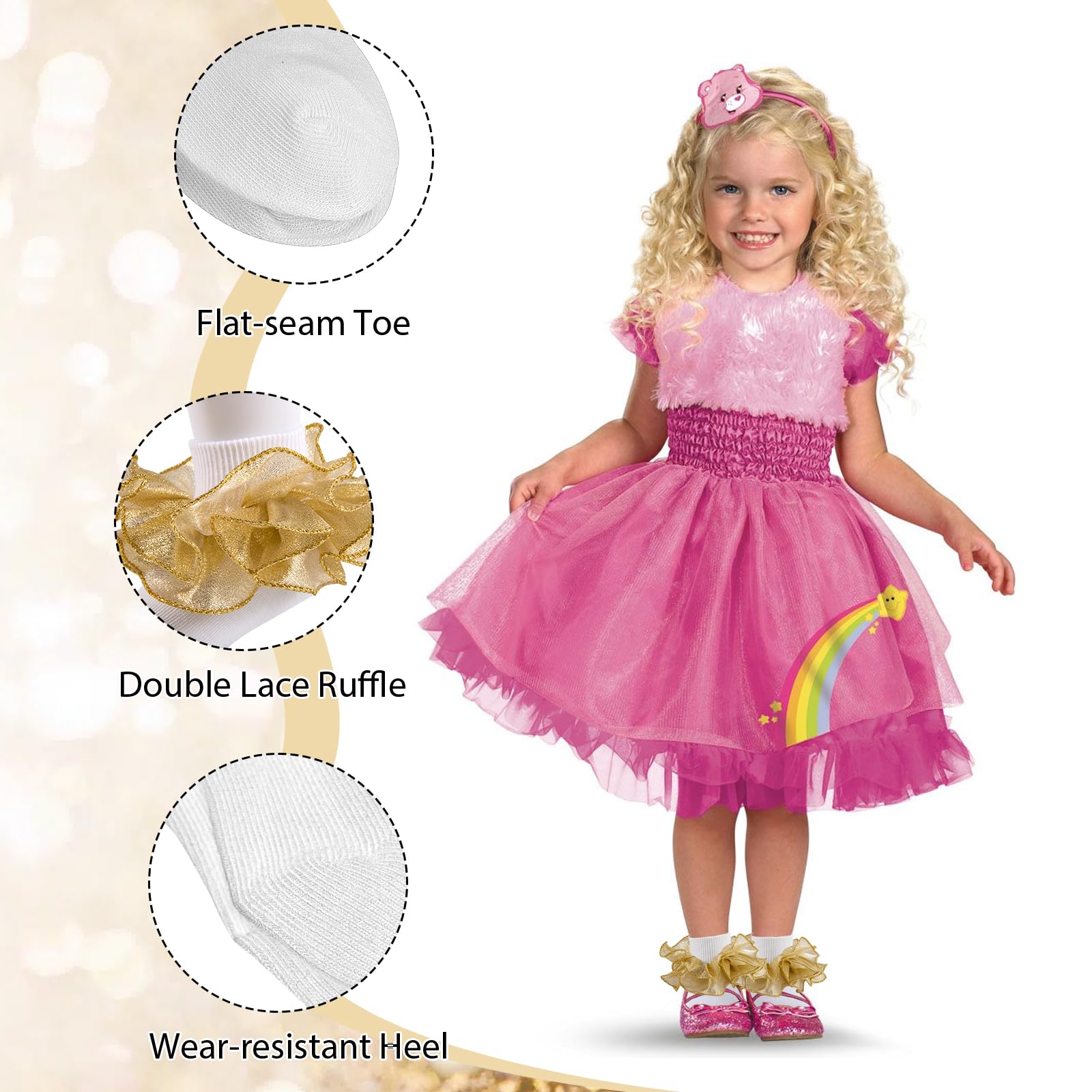 Big Ruffle Socks for Girls - Lace Frilly Dress Socks with Turn Cuff in White & Gold | Princess Style Kids Socks for Parties, Dresses & Special Occasions