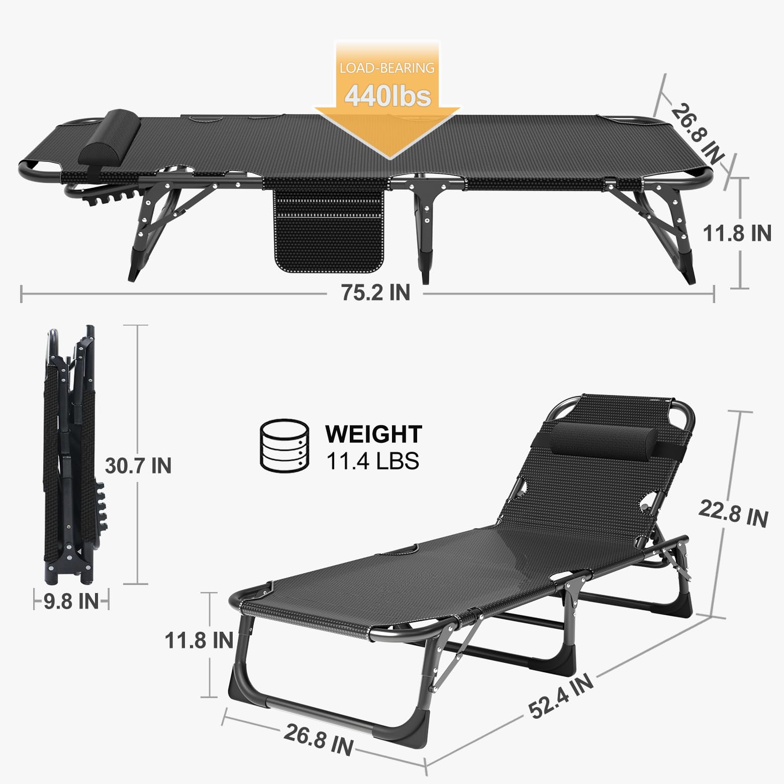 ABORON 5-Position Adjustable Folding Camping Cot for Adults - Portable Outdoor Sleeping Cot with Pillow, Reclining Lounge Chair for Beach, Pool, Lawn, Backyard & Camping - Perfect for Sunbathing, Relaxing & Travel