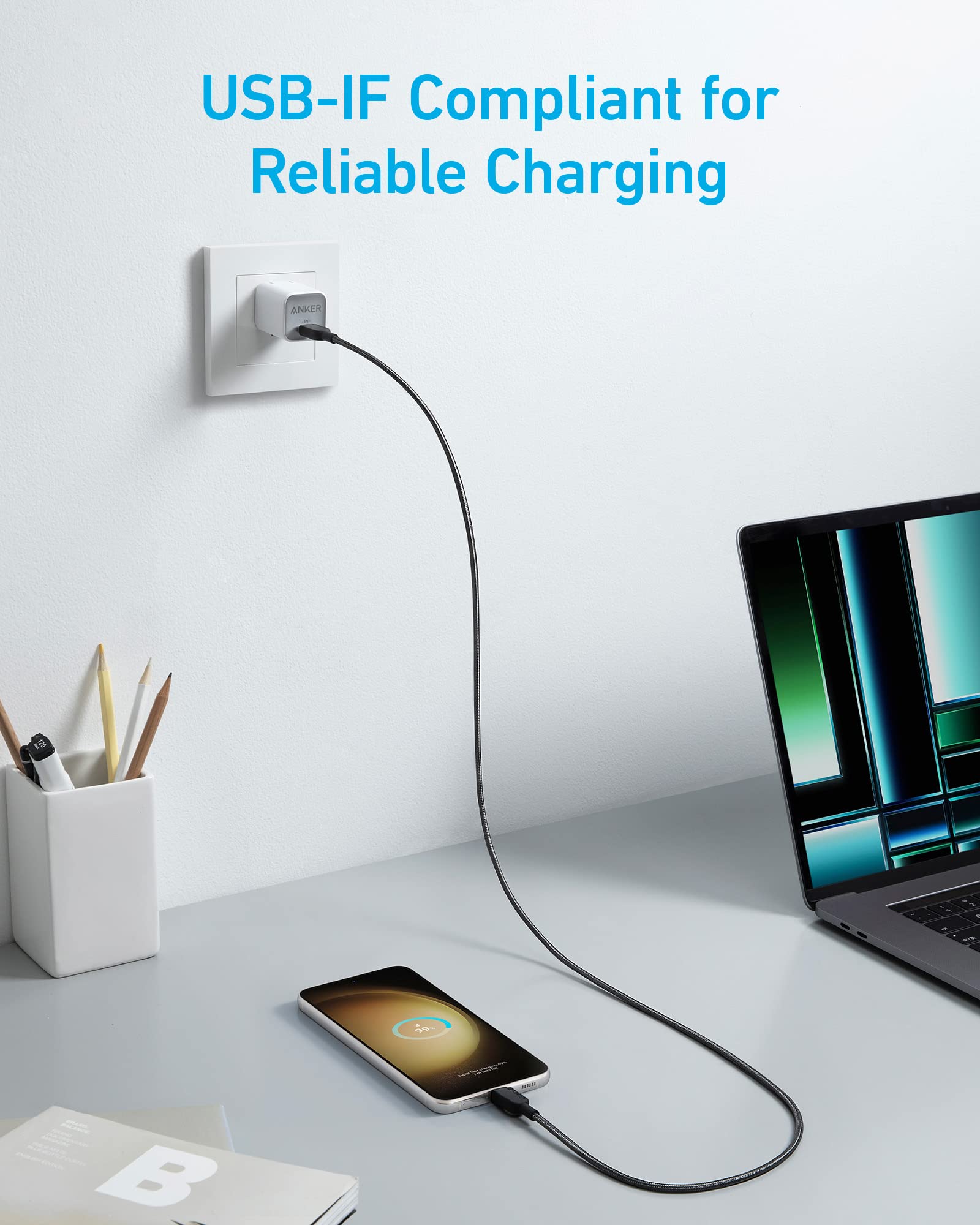 Anker 60W USB C to USB C Charger Cable (3ft/0.9m) Fast Charging - Compatible with iPhone 16/15, Galaxy S22, iPad Pro/Air/Mini, MacBook Pro - Perfect for Travel, Office & Home Charging