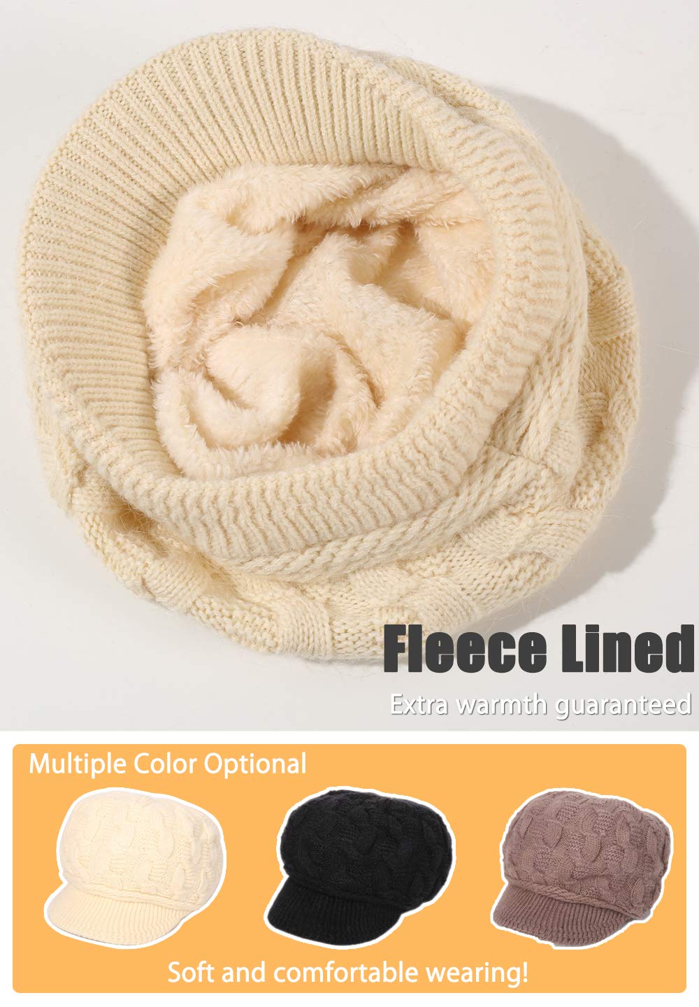 Women's Fleece Lined Knitted Beanie Hat with Brim - Warm Newsboy Cloche Style Winter Cap for Outdoor Activities & Fashion