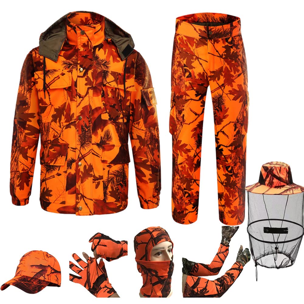 LLAIKEPH 7-Piece Hunting Camo Set - Blaze Orange Ghillie Suit with Jacket, Pants & T-Shirt for Men & Women | Waterproof Outdoor Gear for Wildlife Hunting, Airsoft & Survival Training