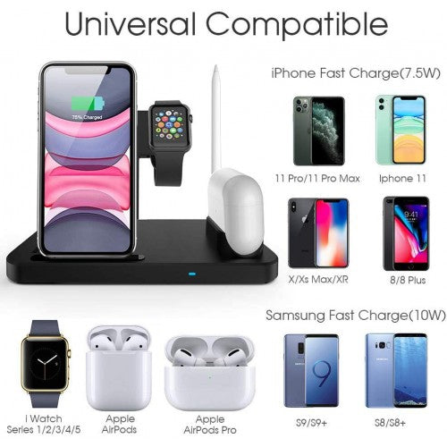 4-in-1 Fast Wireless Charging Station for iPhone, Apple Watch Series 1-5, AirPods Pro & Apple Pencil - Multi-Device Charging Stand for Home, Office & Travel