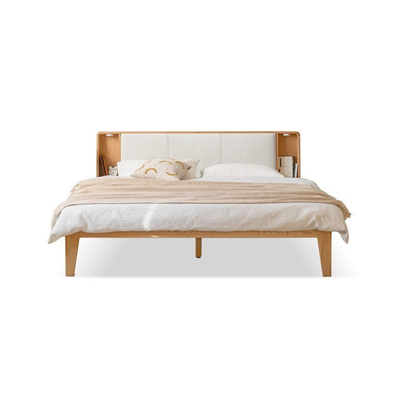 Solid Oak Wood Leather & Fabric Luminous Bed with Shelf - Modern Platform Bed Frame with Storage for Bedroom, Guest Room, or Dorm