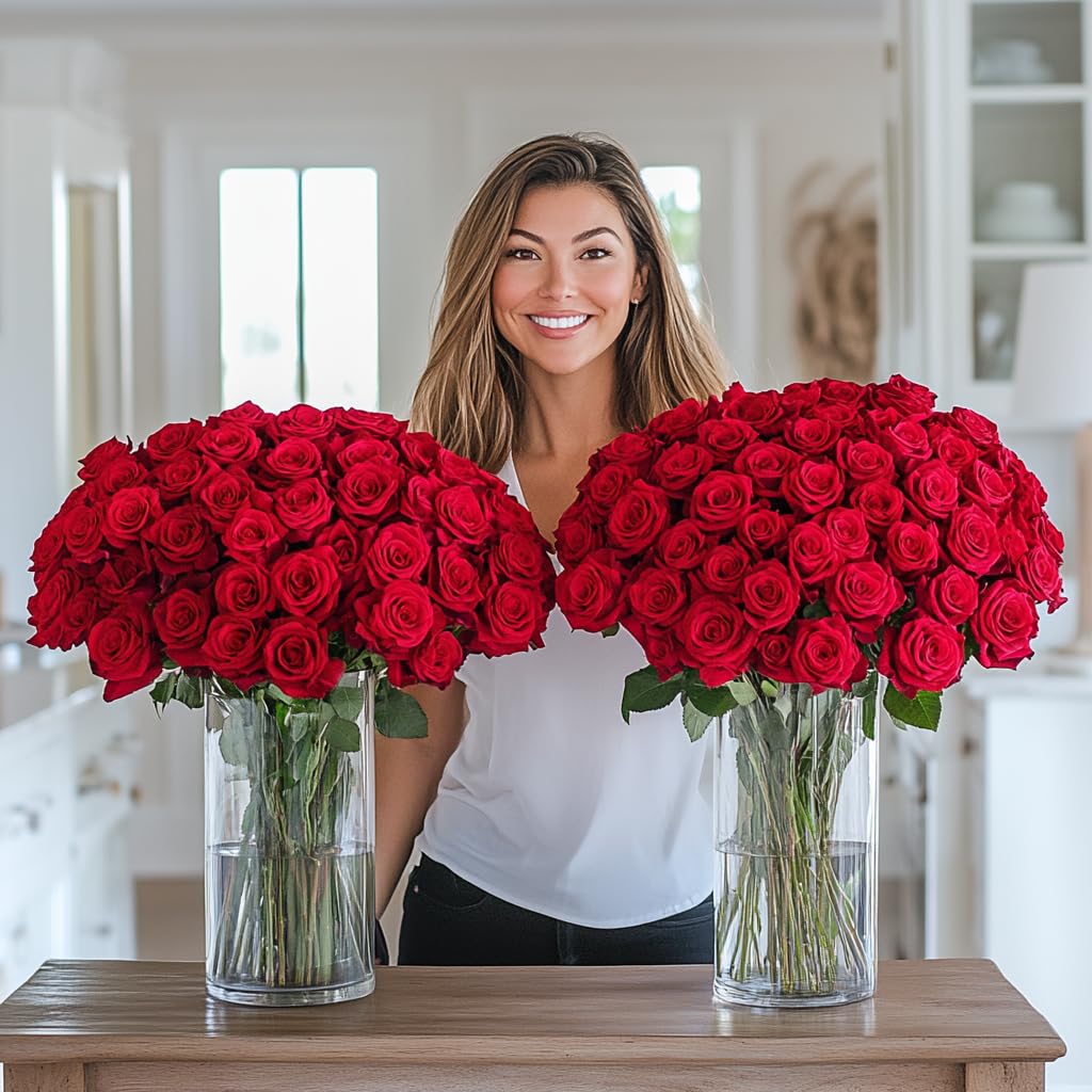 100 Red Roses - Fresh Cut Flowers for Birthday, Anniversary, Congratulations, Thank You | Perfect Gift for Loved Ones, Romantic Occasions & Home Decor