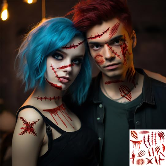 Scary Halloween Temporary Tattoos Set - 5 Face Tattoos + 1 Fake Scars & Stitches Sheet with Bloody Mouth Design | Zombie Makeup, Fake Wounds for Halloween Costume & Party Prank | Perfect for Cosplay, Horror Events and Trick-or-Treating