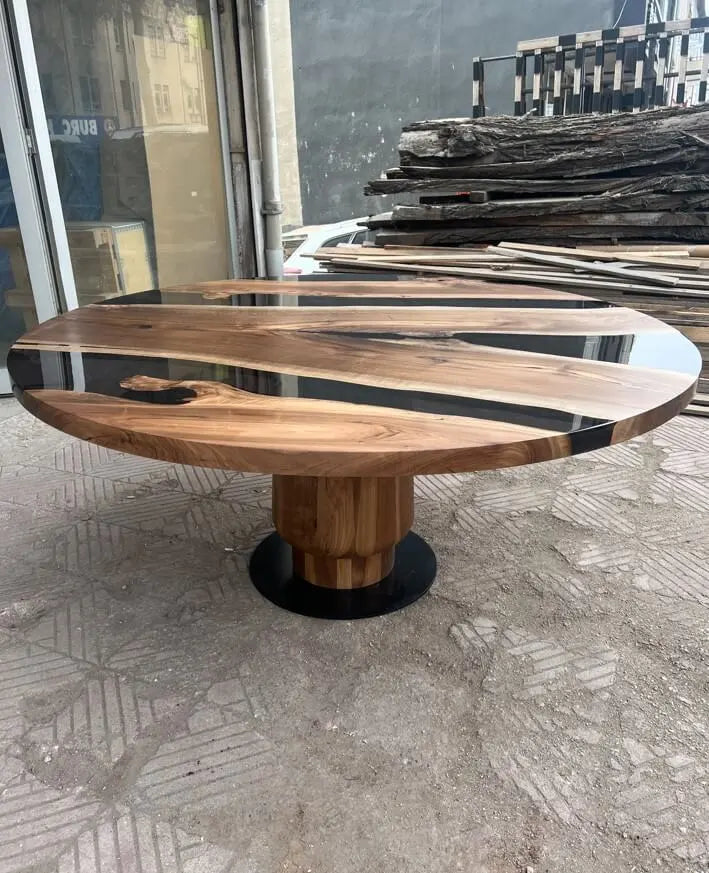 Handmade Round Epoxy Resin Table with Natural Walnut Wood Tulip Base - Modern Coffee Table for Living Room, Office & Dining Area