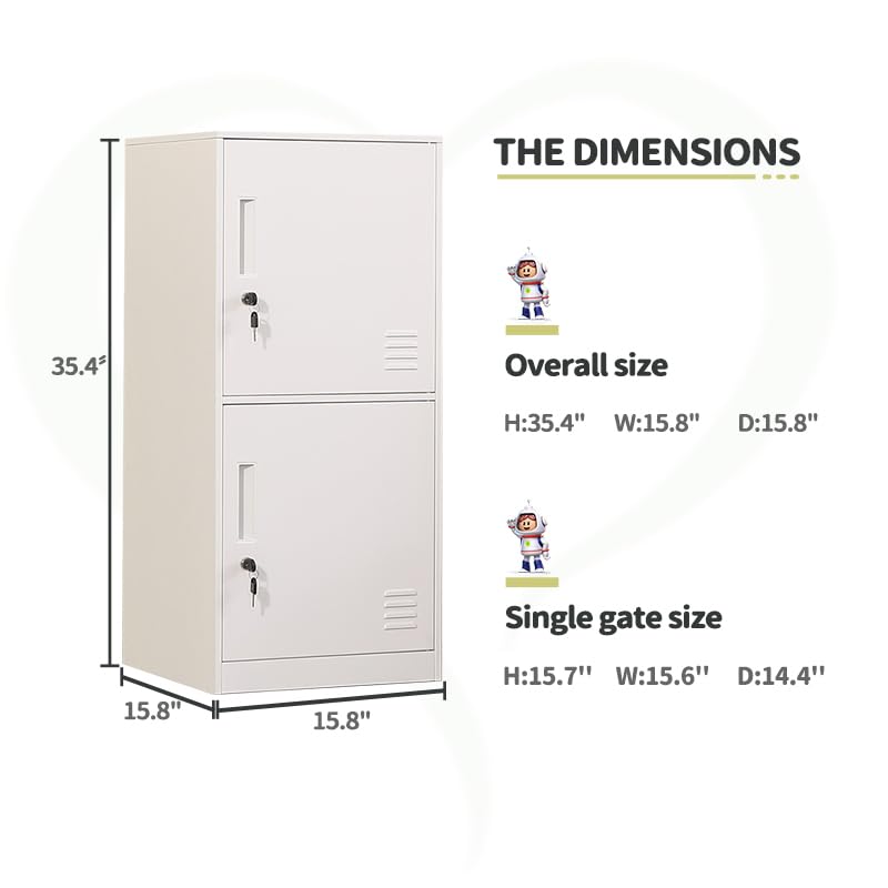 2-Door Metal Vertical Storage Locker for Kids - Stackable Steel Cabinet for Bedroom, School & Office - Organize Toys, Sports Equipment & More with Anti-Tip Safety - White (Perfect for Small Spaces & Clutter Control)