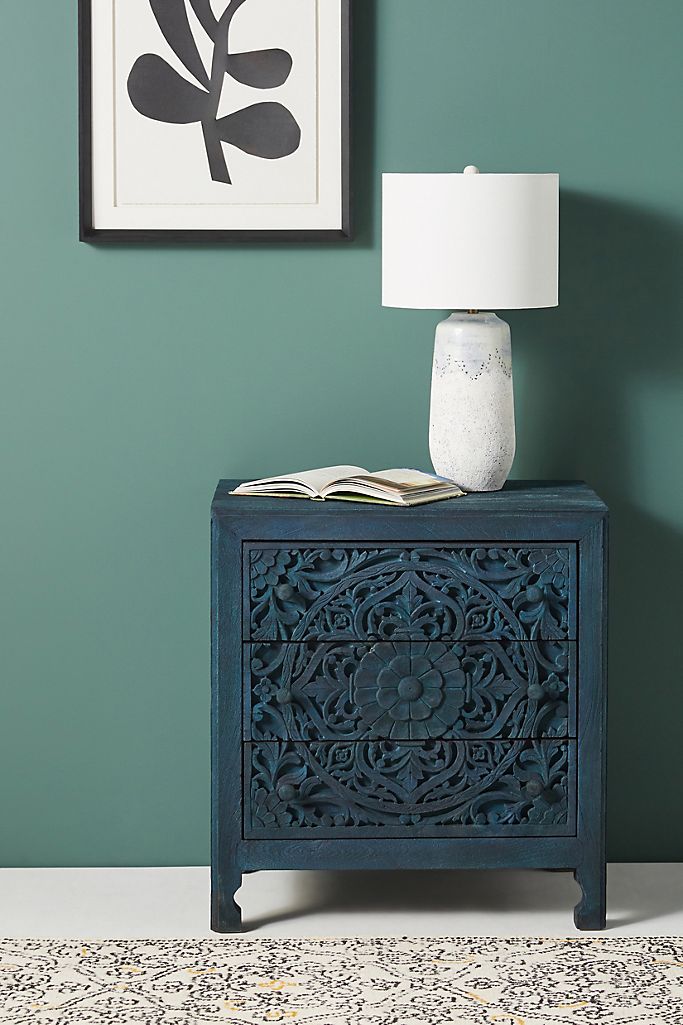 Hand Carved Lombok Three Drawer Nightstand - Solid Wood Bedside Table with Storage | Perfect for Bedroom, Guest Room & Apartment Furniture