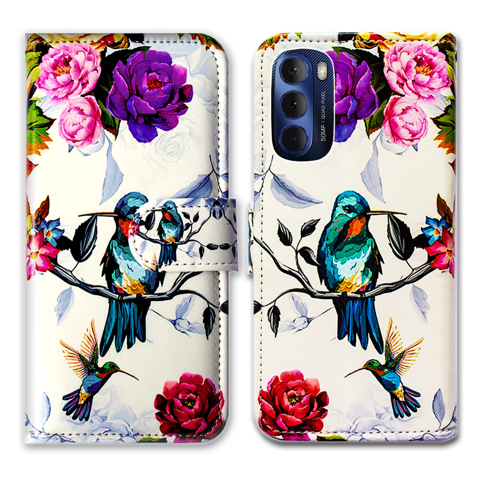 Premium Leather Flip Wallet Case for Motorola Moto G Stylus 2022 - Hummingbird Flower Design with Card Slots & Kickstand | Perfect for Daily Use, Travel, and Business Meetings