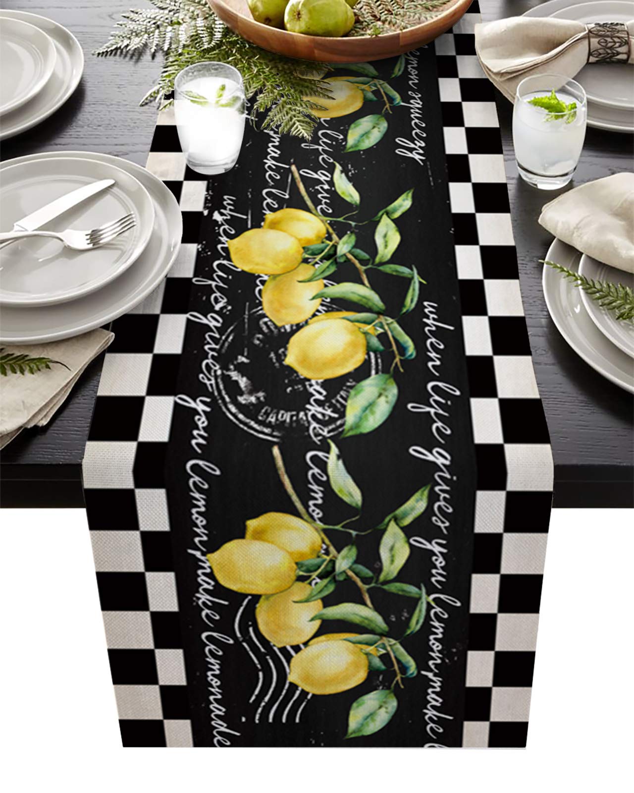 13x70 Inch Summer Tropical Lemon Cotton Table Runners - Buffalo Plaid Black White Linen Tablecloth for Wedding, Party & Home Decor - Perfect for Dining Tables, Coffee Tables & Dresser Scarves