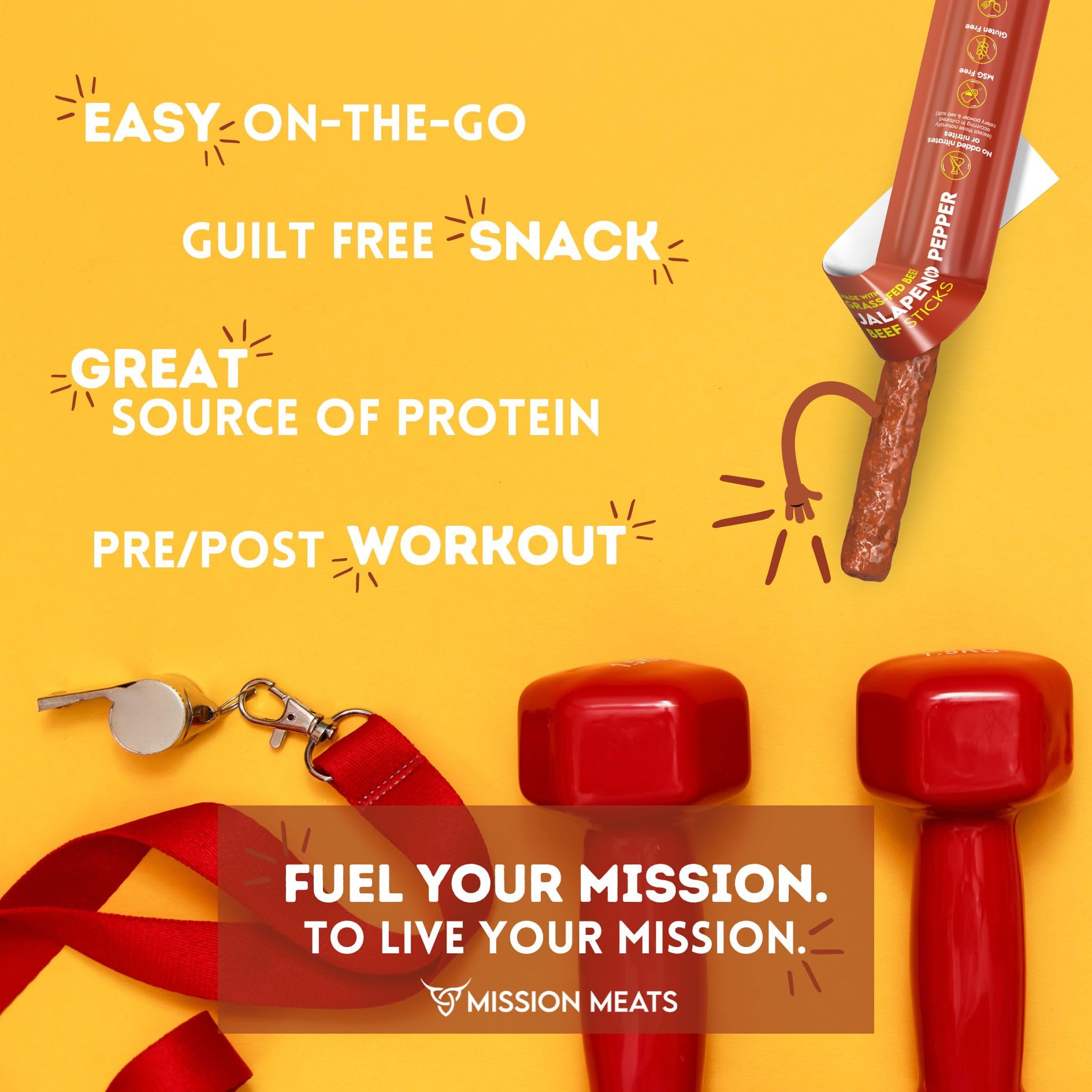 Mission Meats Beef Sticks - 100% Grass Fed, Pasture Raised, No Sugar, Gluten Free, Paleo & Whole30 Approved, Jalapeno Flavor, 1oz Individually Wrapped (Pack of 48) - Perfect for Keto Diet, Office Snacks, Hiking & Travel