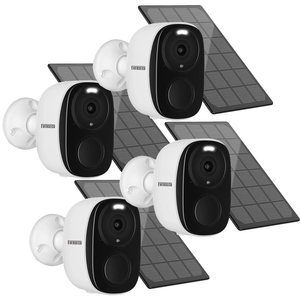 EVERSECU 2K 3MP Solar Security Camera Wireless Outdoor - Bluetooth Pairing, WiFi CCTV Bullet Camera with Spotlight, PIR Motion Detection & 2-Way Audio - Alexa Compatible (4 Pack) - Ideal for Home Security, Backyard Monitoring & Smart Home Integration