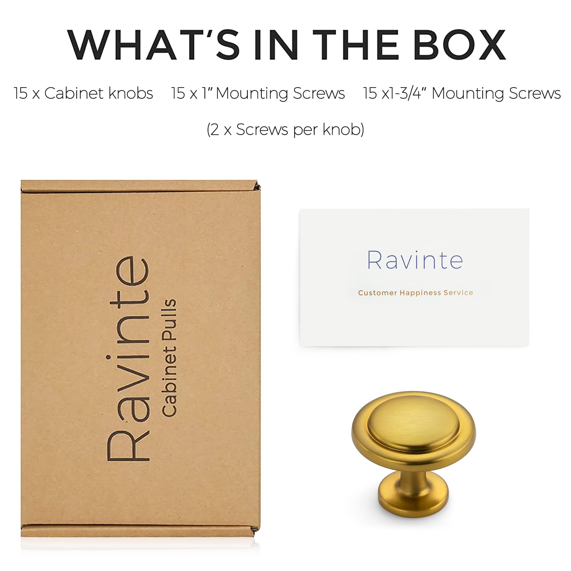 Ravinte 15-Pack 1-1/4 Inch Brushed Brass Cabinet Knobs - Premium Zinc Drawer Pulls & Dresser Handles for Kitchen, Bathroom, Bedroom Furniture (15 Knobs for Cabinets, Drawers & Doors)