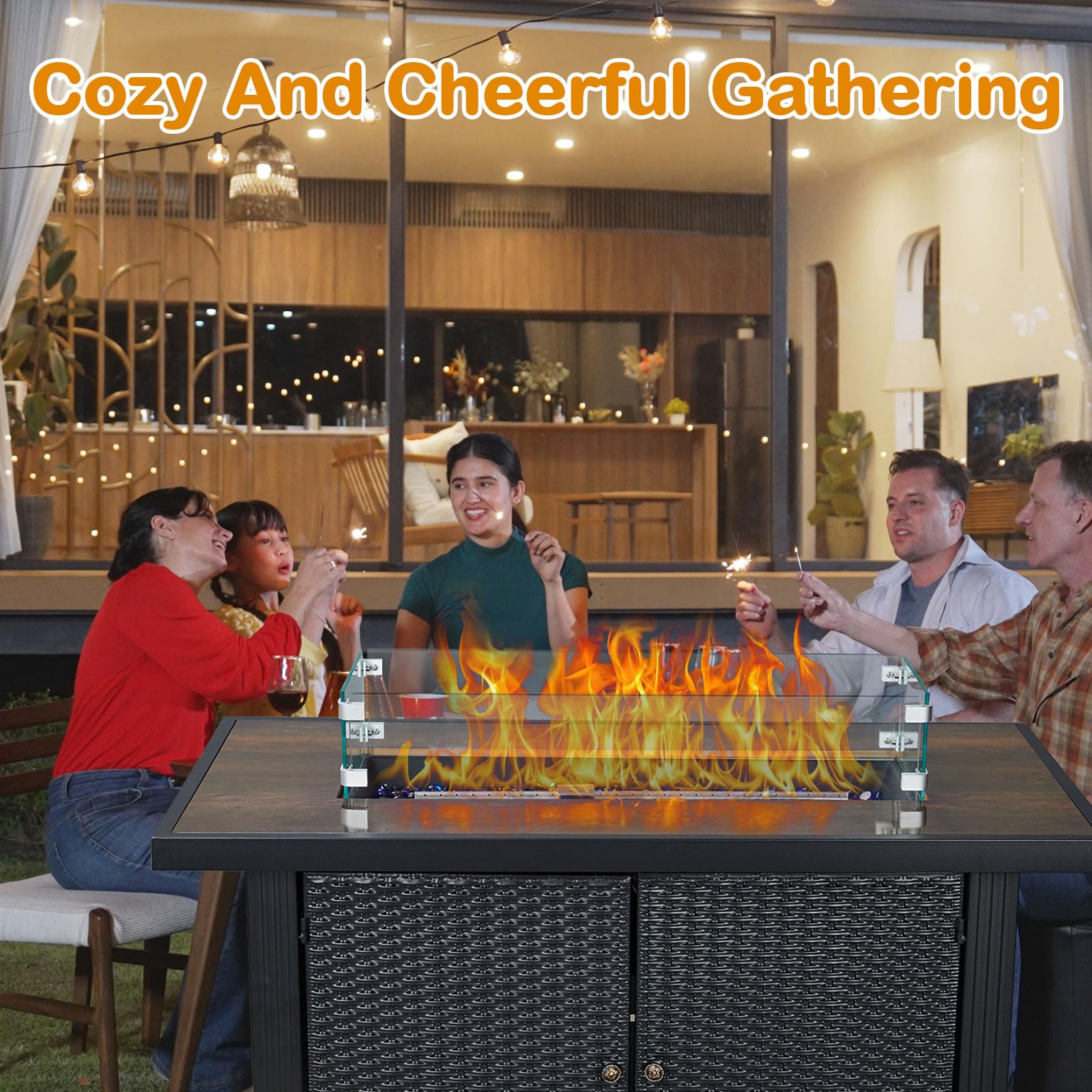 44 Inch Propane Fire Pit Table - 50,000 BTU Outdoor Fire Table with Electronic Ignition, Glass Rocks & Wind Guard - Perfect for Patio, Garden, Backyard & Camping Gatherings