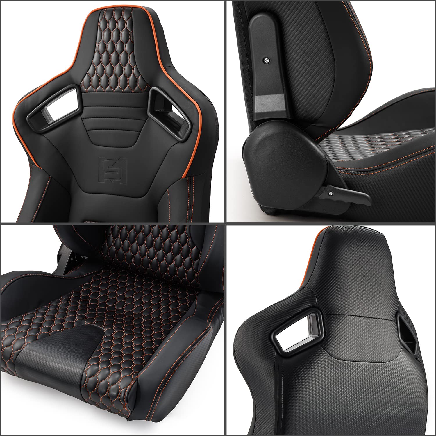 Pair of All Black PVC & Orange Snake Pattern Racing Seats with Carbon Fiber Style Leather & Sliders - Reclinable Bucket Seats for Sports Cars & Gaming Chairs