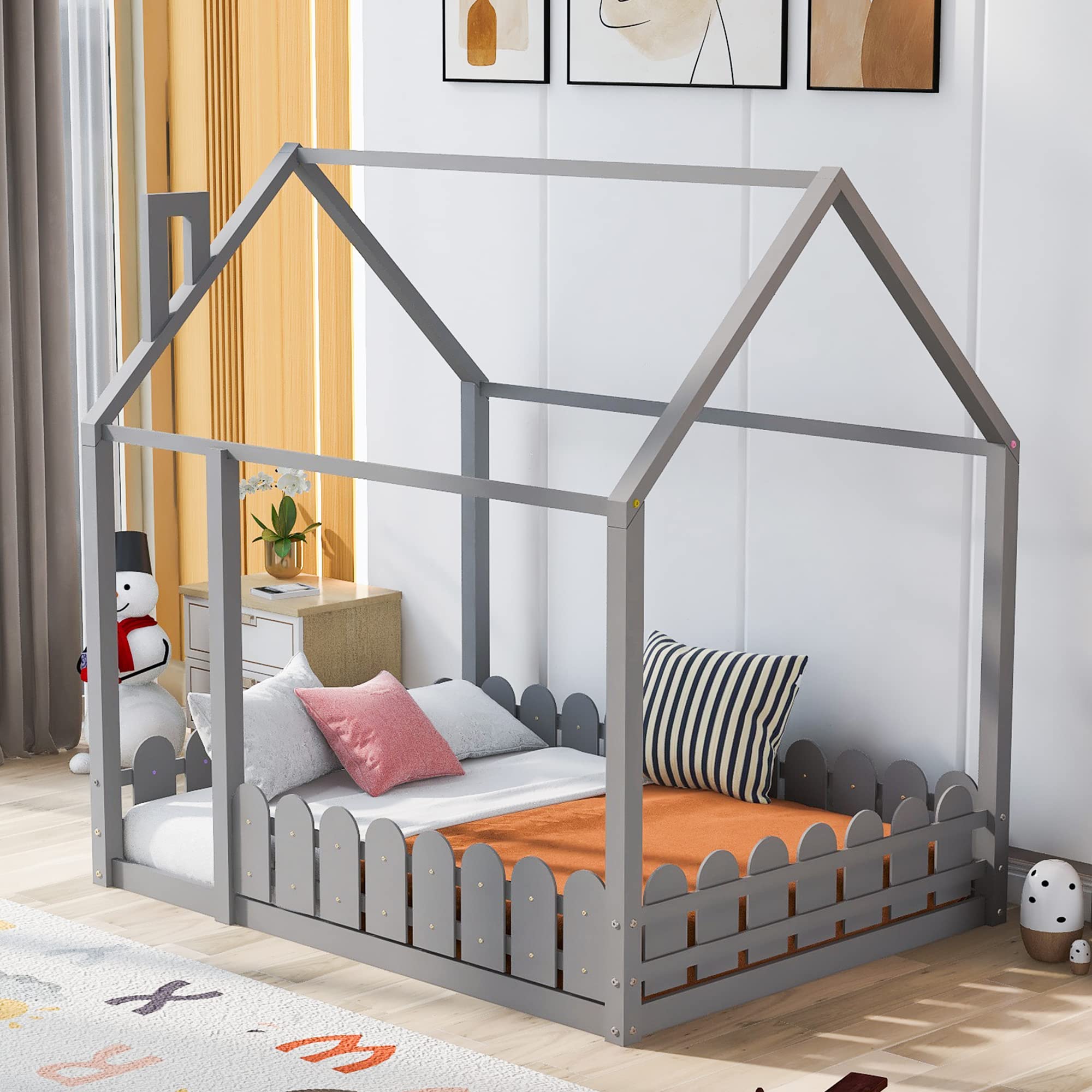 P PURLOVE Full Wood House Bed Frame with Fence-Style Guardrails for Kids & Teens - Gray (Slats Not Included) - Perfect for Nursery, Bedroom & Kids Room Decor