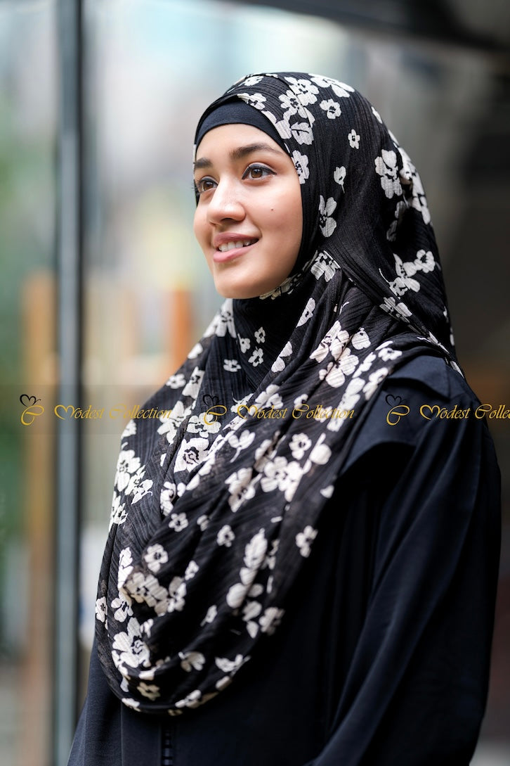 Instant Floral Print Hijab Scarf - Black Muslim Headscarf for Women - Perfect for Daily Wear, Prayer, and Special Occasions
