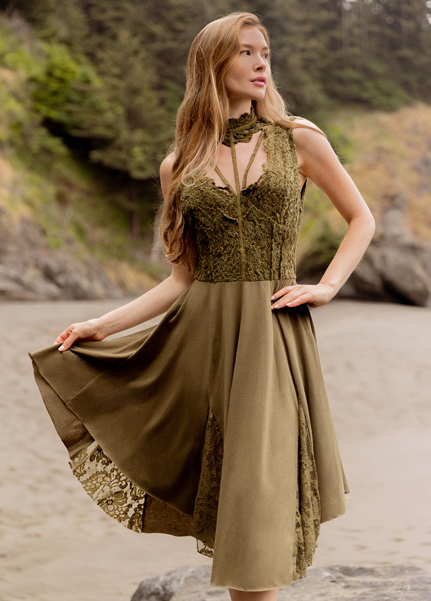 Layana Women's Olive Green Casual Dress - Flowy Midi Dress for Summer, Beach, and Outdoor Activities