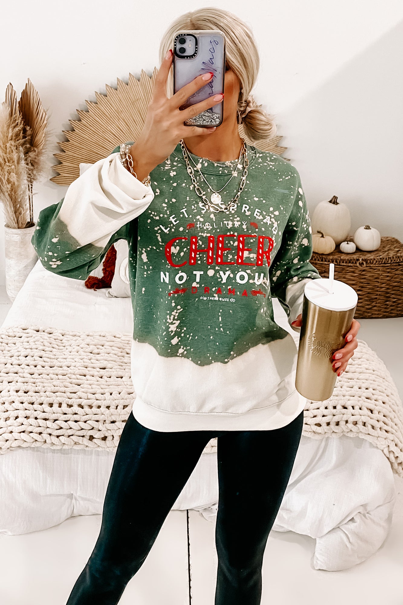 Spread Cheer Bleached Graphic Sweatshirt for Women - Soft Cotton Pullover Hoodie with Trendy Vintage Design (Hunter Green) - Perfect for Casual Outfits, Streetwear Fashion & Cozy Loungewear