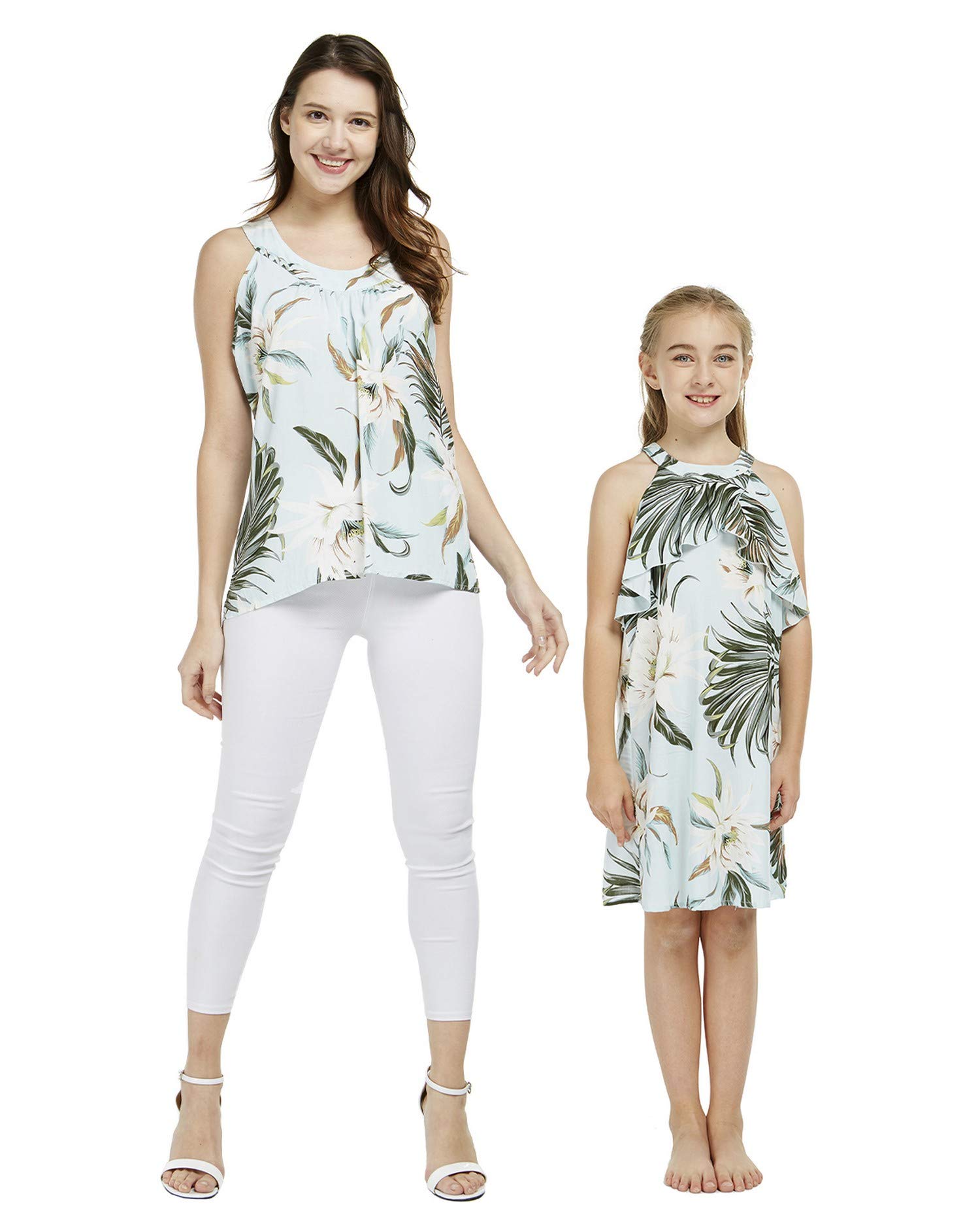 Matching Hawaiian Luau Mother Daughter Outfit - Floral Tank Top & Ruffle Dress Set in Black | Tropical Vacation, Family Photo Shoot, Beach Party, Mother's Day Gift