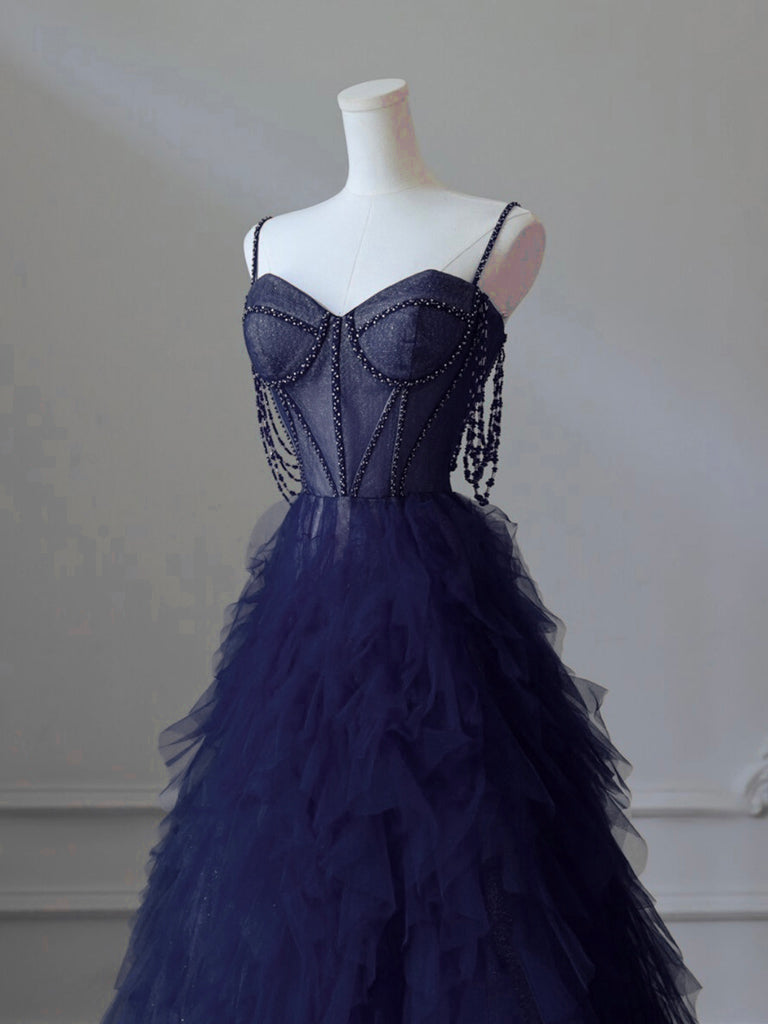 Elegant A-Line Sweetheart Neck Tulle Dark Blue Long Prom Dress with Beads - Perfect for Graduation, Homecoming & Formal Events