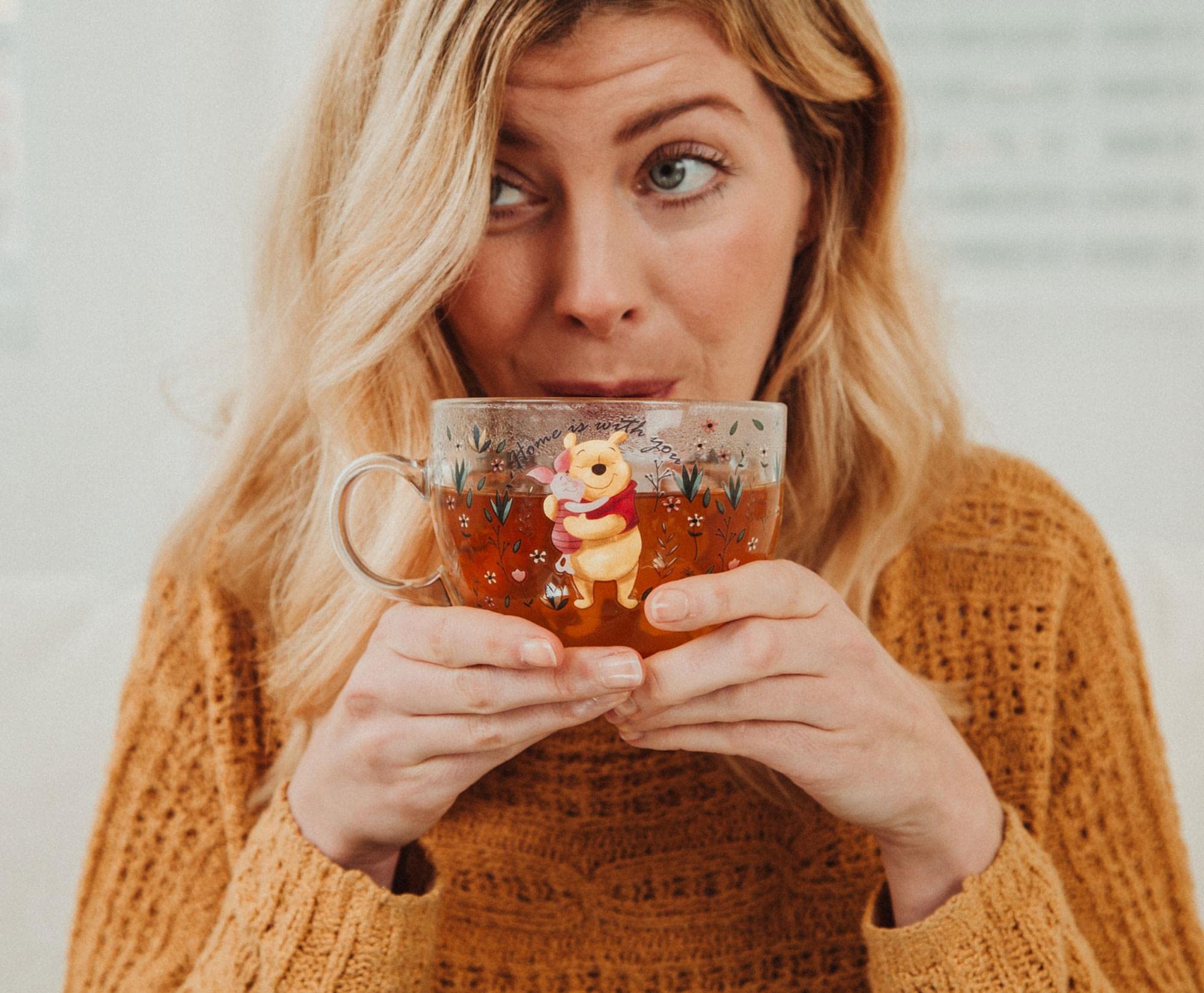 Disney Winnie the Pooh and Piglet Floral Glass Mug - 16oz Large Coffee Cup for Espresso, Tea & Mocha - Perfect for Home, Office or Gift Giving