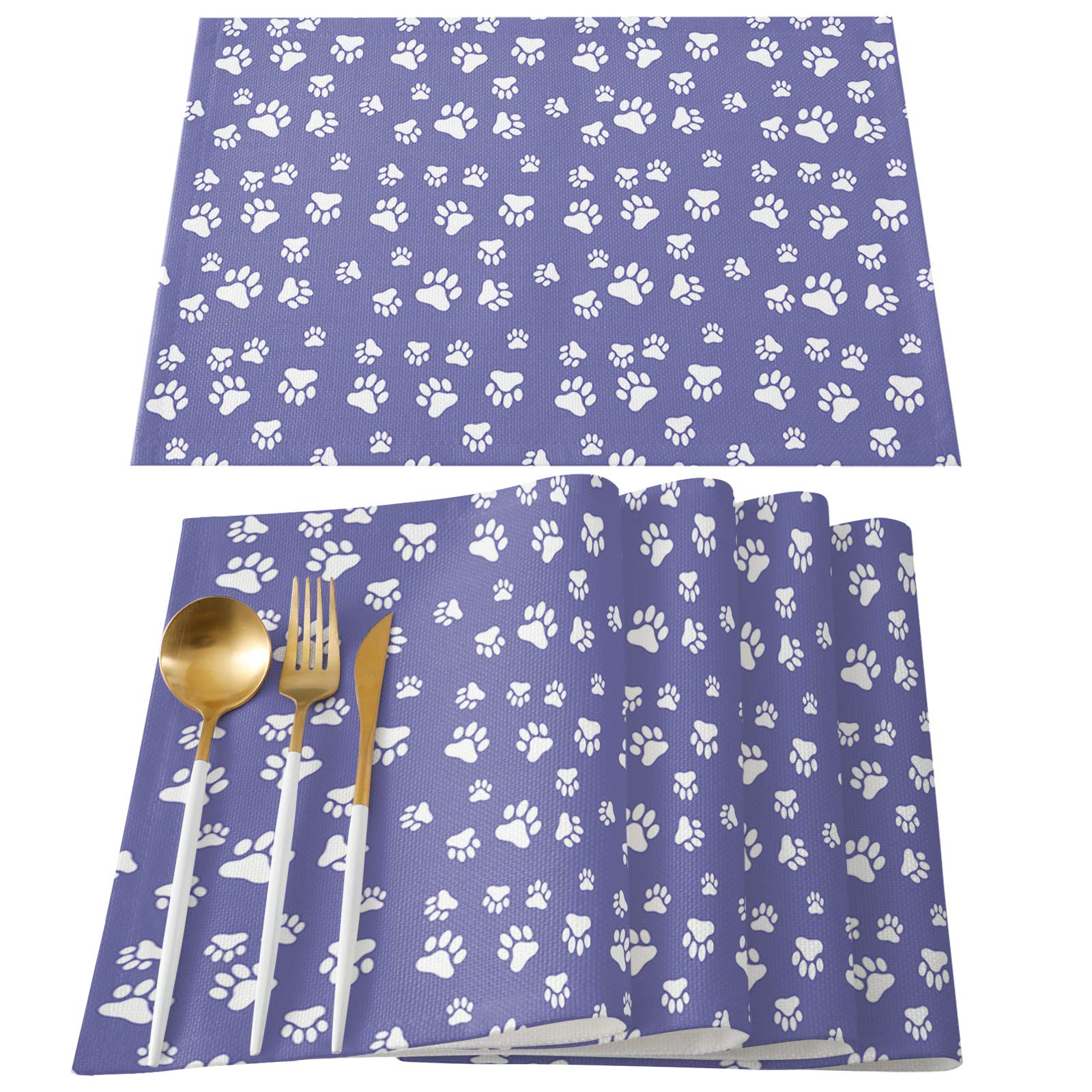 6-Piece Cute Animal Footprint Placemats Set - Washable Non-Slip Dining Table Mats with Cat & Dog Paw Prints in Purple, Perfect for Kitchen Decor, Family Dinners, and Pet-Themed Parties