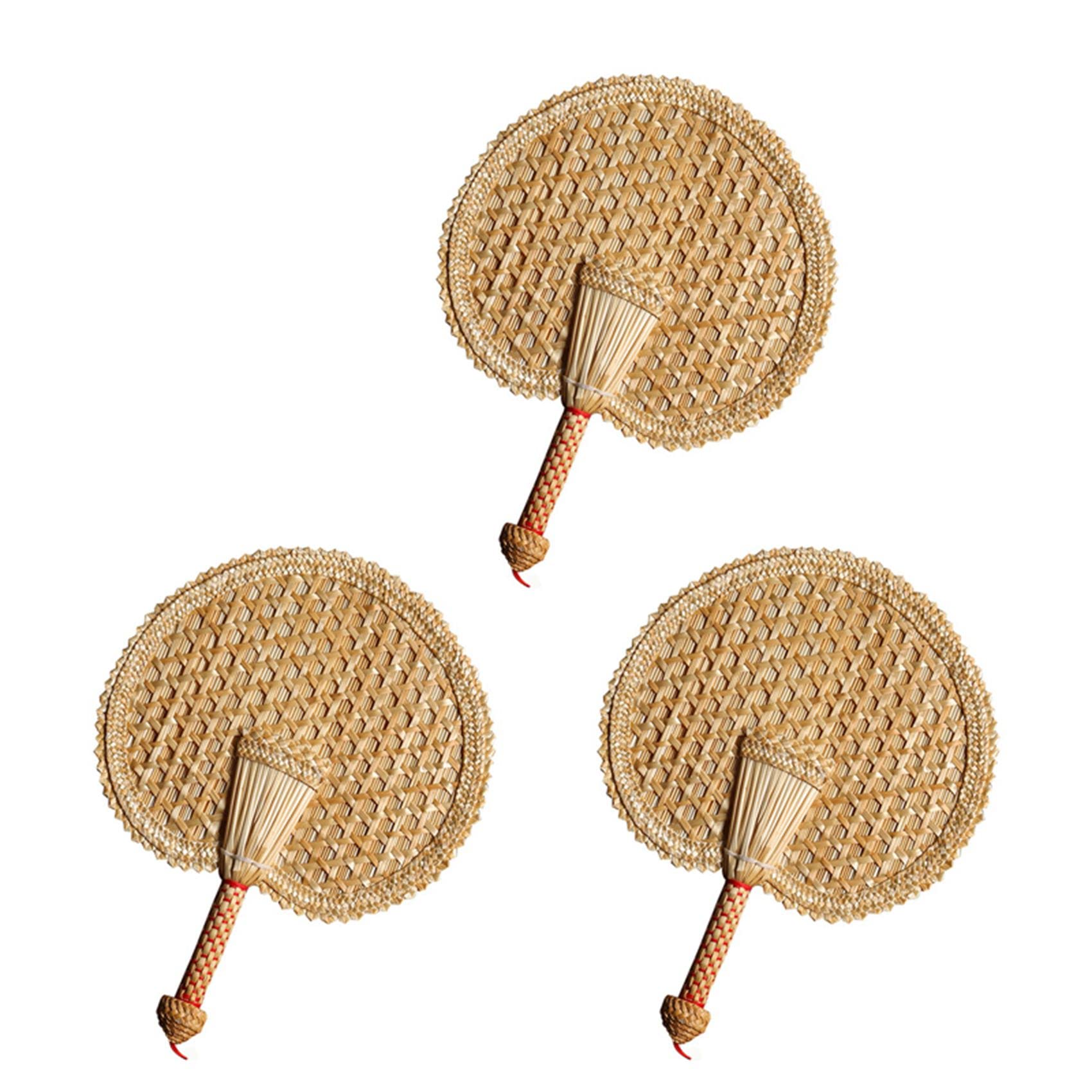 3X Hand-Woven Natural Straw Hand Fan - Eco-Friendly Round Woven Fan for Summer Cooling, Beach, Wedding, and Outdoor Use