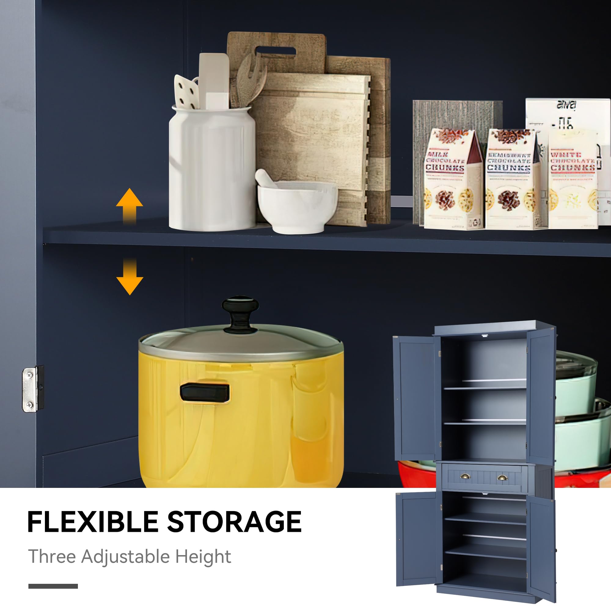 Freestanding Kitchen Pantry Storage Cabinet with 2 Cabinets, Drawer & Adjustable Shelves - Tall Cupboard Organizer for Kitchen, Dining Room & Living Room in Grey Blue - Perfect for Small Space Organization & Home Decor